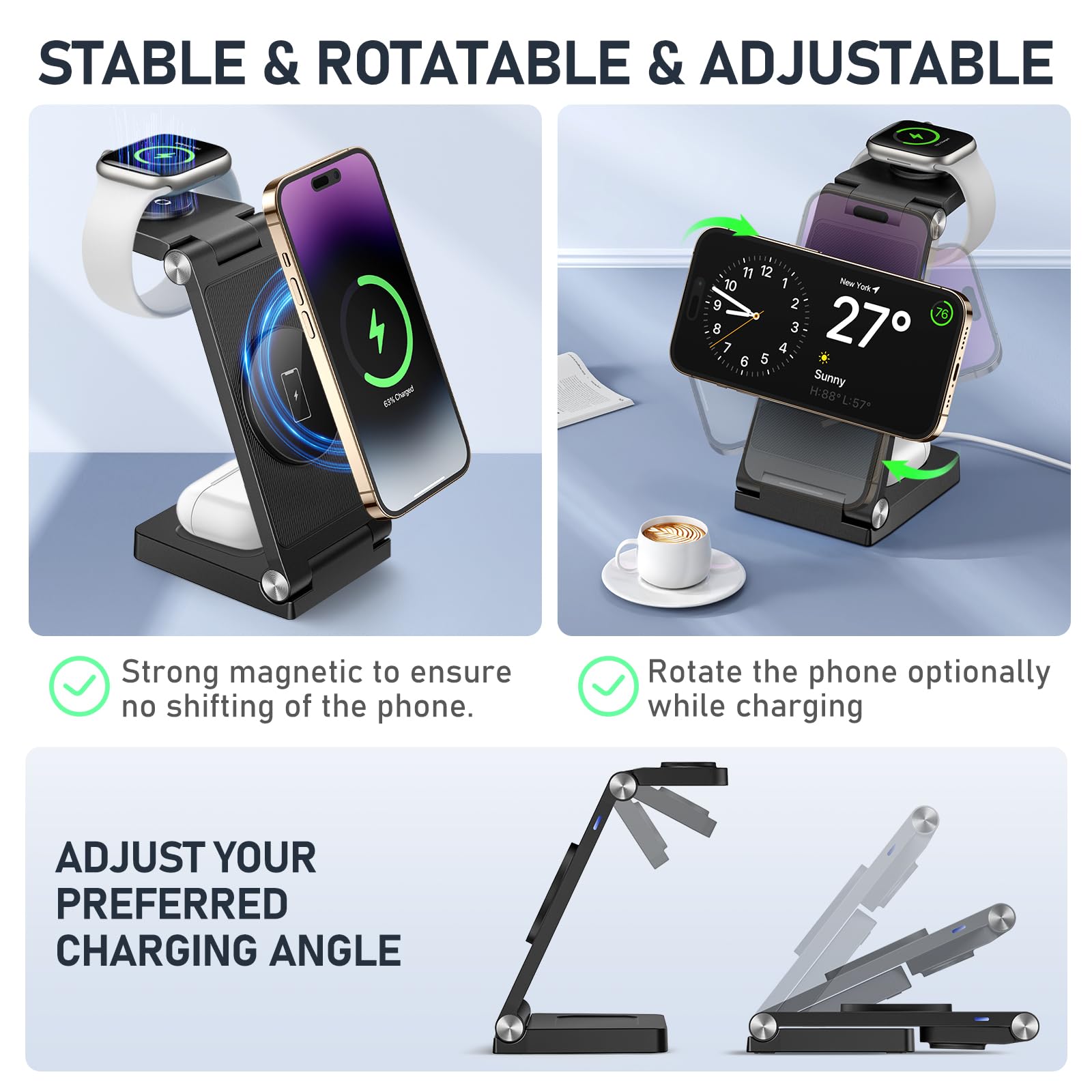 MagSafe 3-in-1 Foldable Wireless Charging Station with 20W Fast Adapter – Magnetic Travel Charging Dock Black
