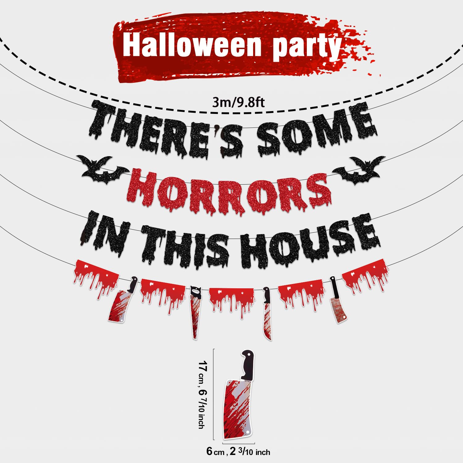 “There’s Some Horrors in This House” Halloween Banner Set – Red & Black Glitter Party Decorations