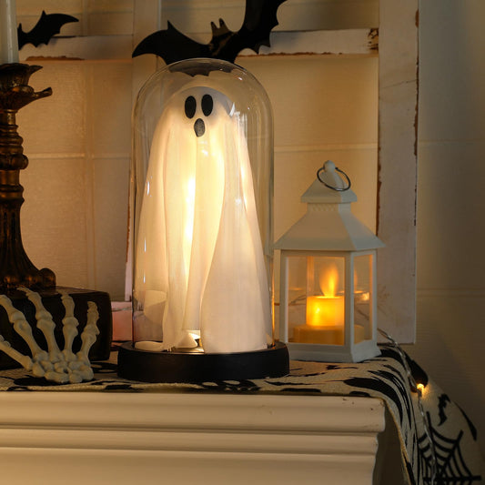 Halloween Light-Up Ghost in Glass Cloche – Handmade LED Decoration for Table, Mantel & Home Décor (White, 8.3x4.3 Inches)
