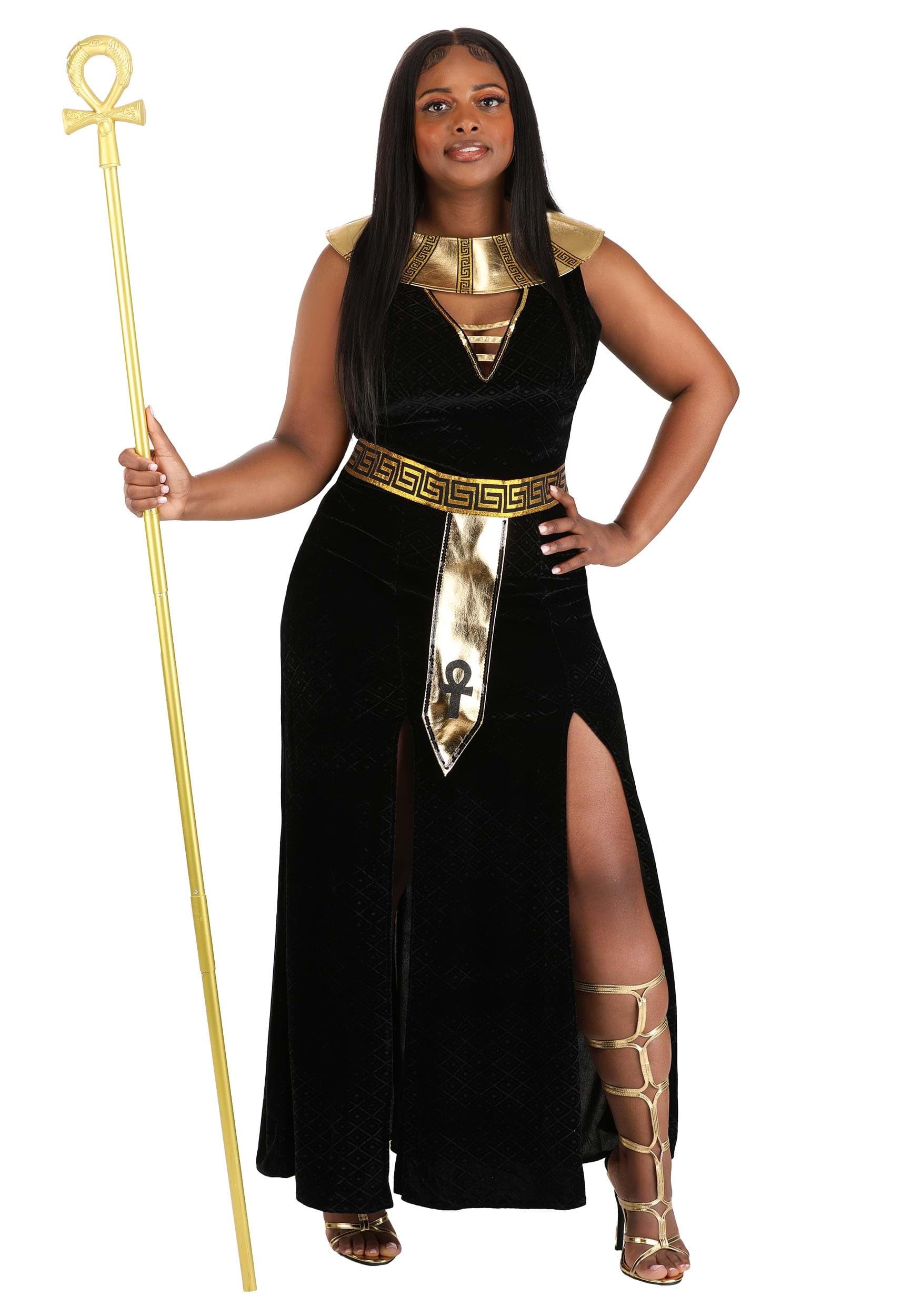 Black & Gold Cleopatra Costume – Elegant Egyptian Queen Velvet Gown with Sequined Collar & Belt