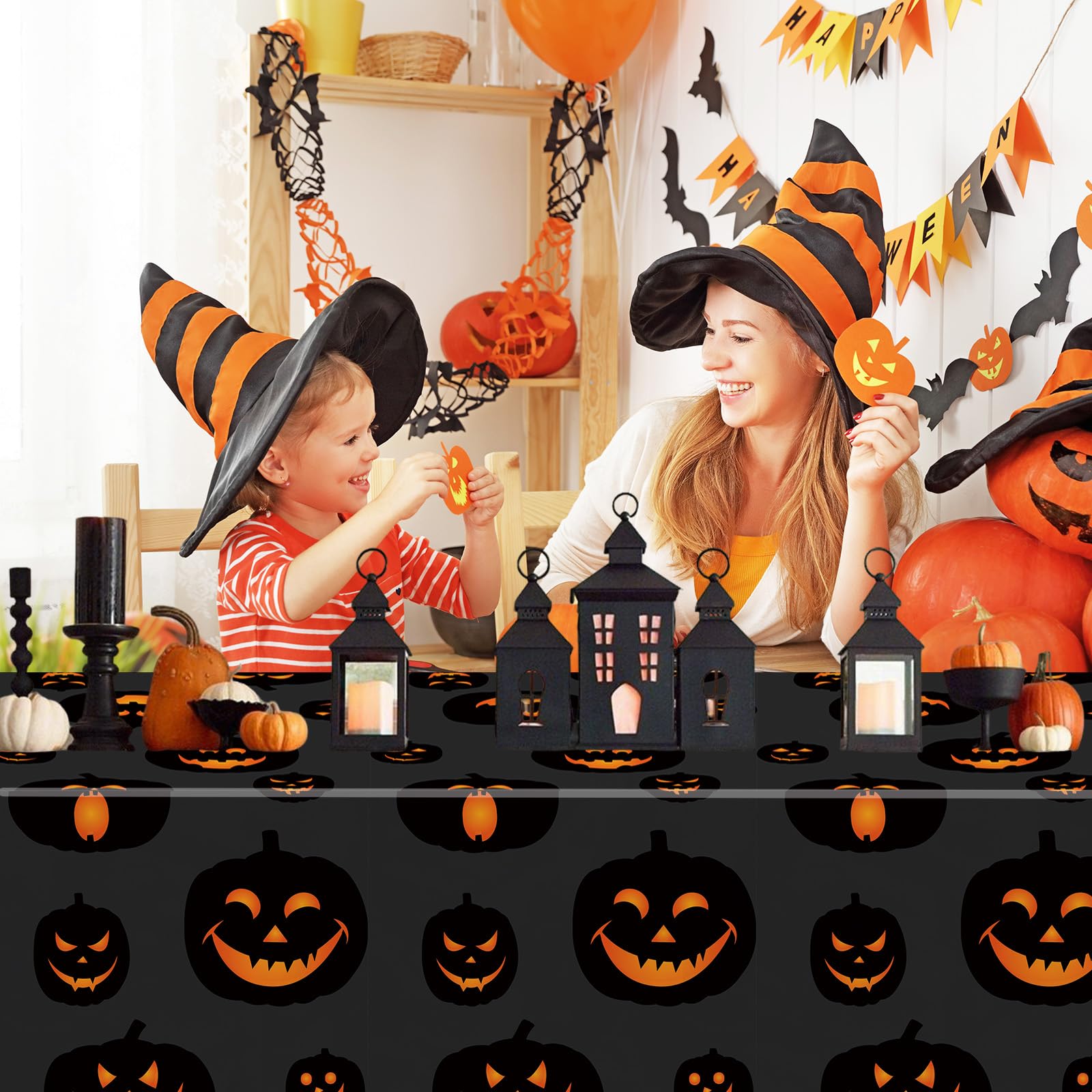 Halloween Tablecloths – 3 Pack Black Evil Pumpkin Plastic Table Covers (54 x 108 Inches)