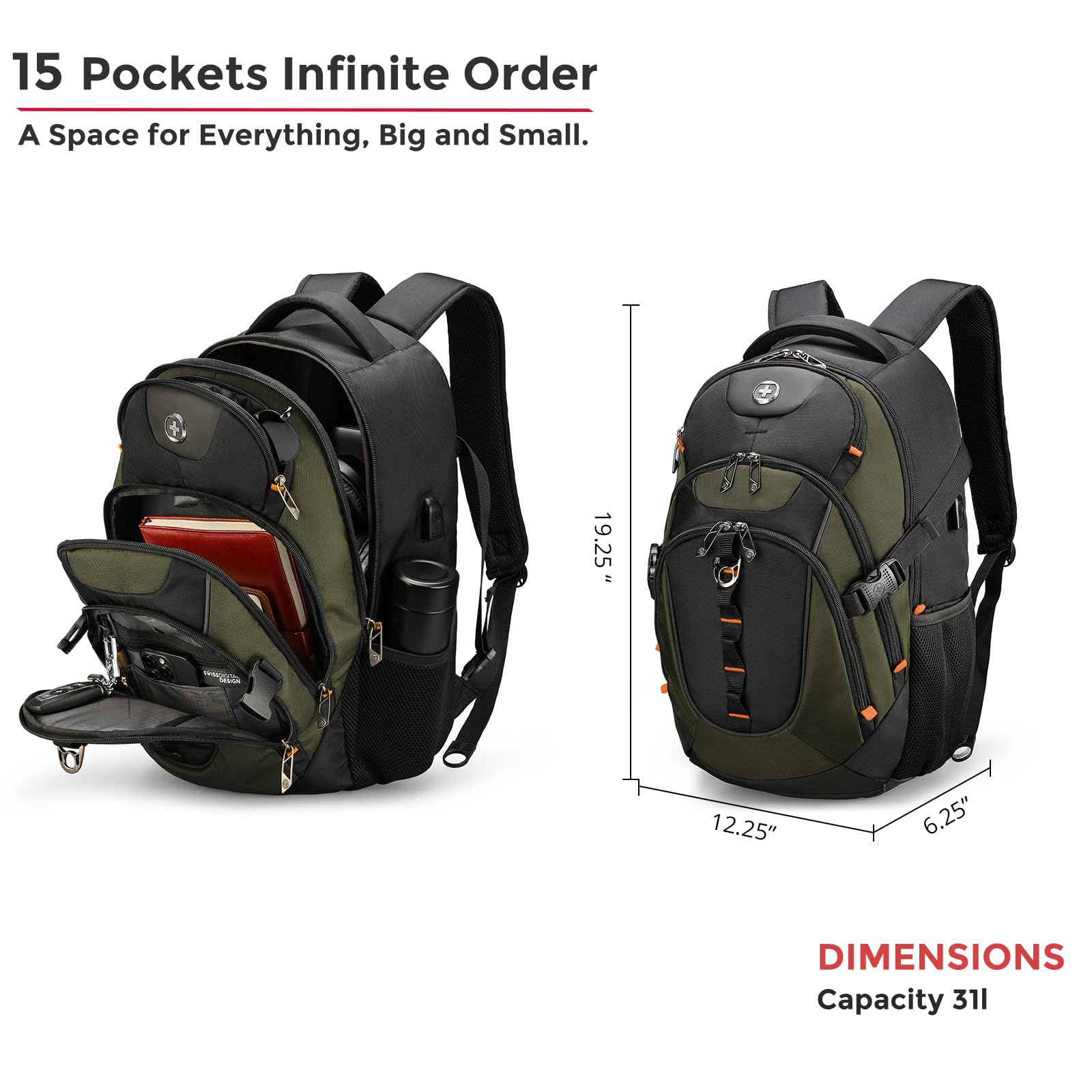 Swissdigital Design 31L Laptop Backpack with USB-C Charging & RFID Protection – Olive Black