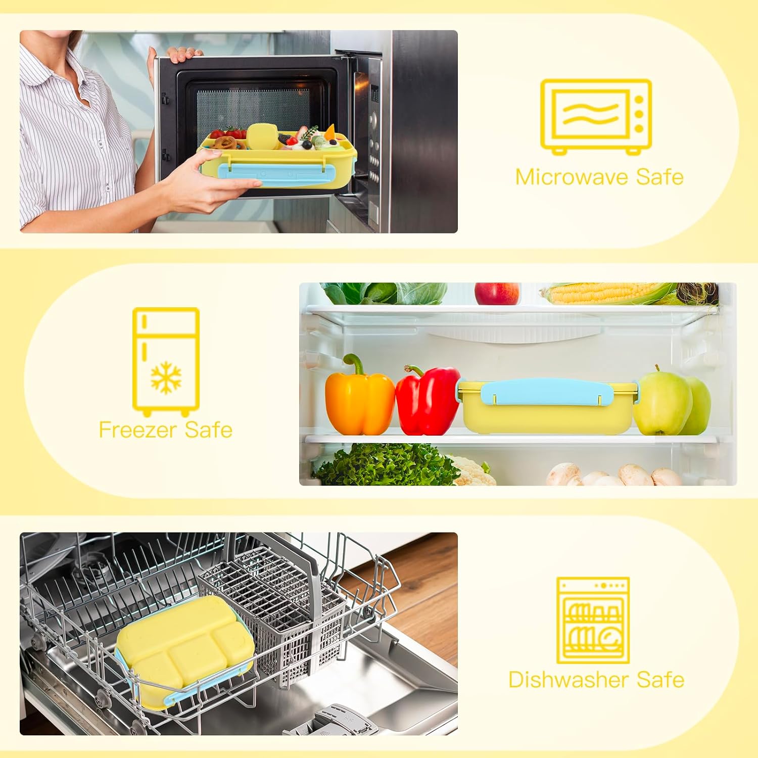 Yellow 1300 ml Bento Box with Dip Cup and Spork