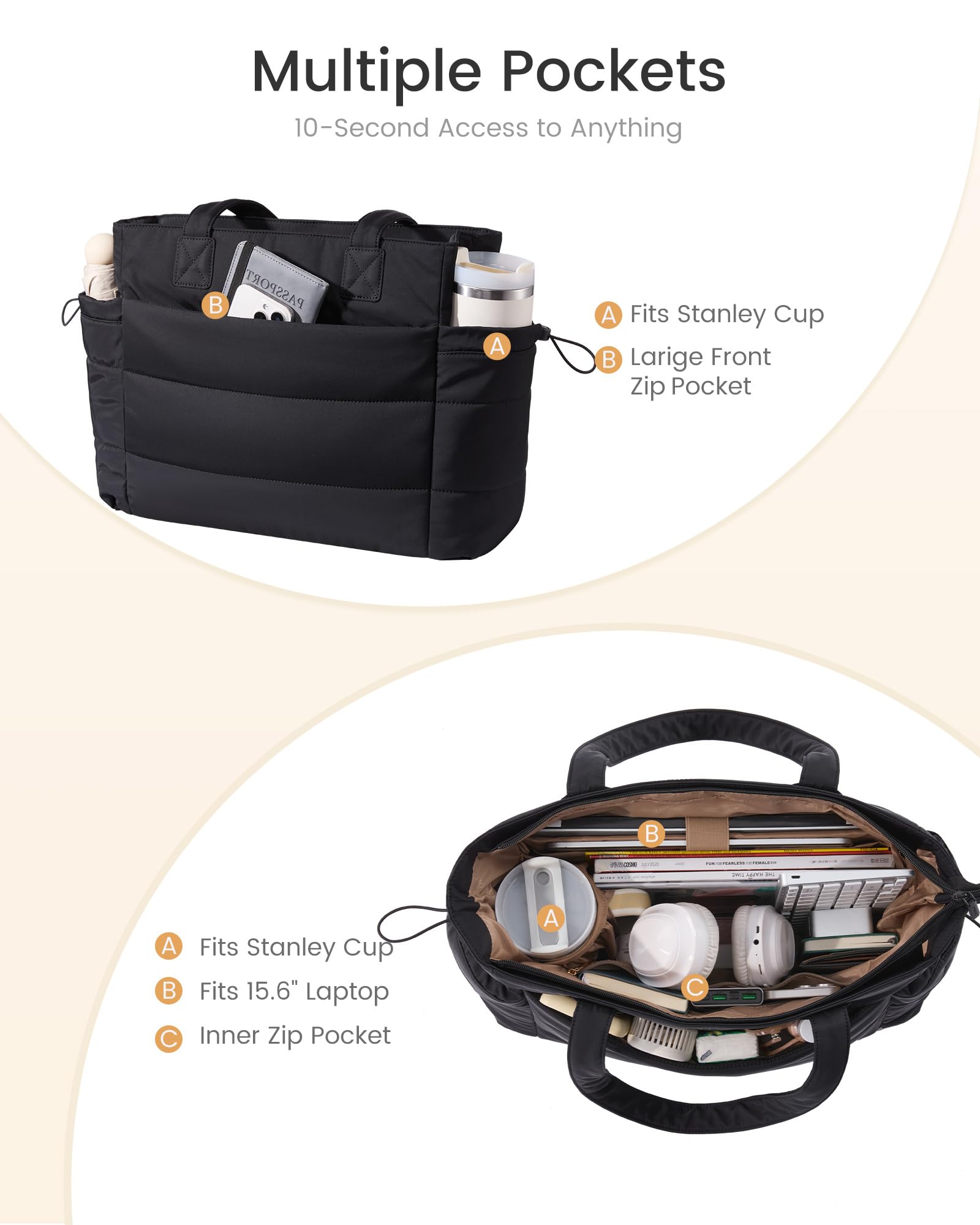 LOVEVOOK Puffer Tote Bag for Women – Ultralight Quilted Work & Travel Tote with Giant Tumbler Holder, Zipper & Laptop Compartment (Black)