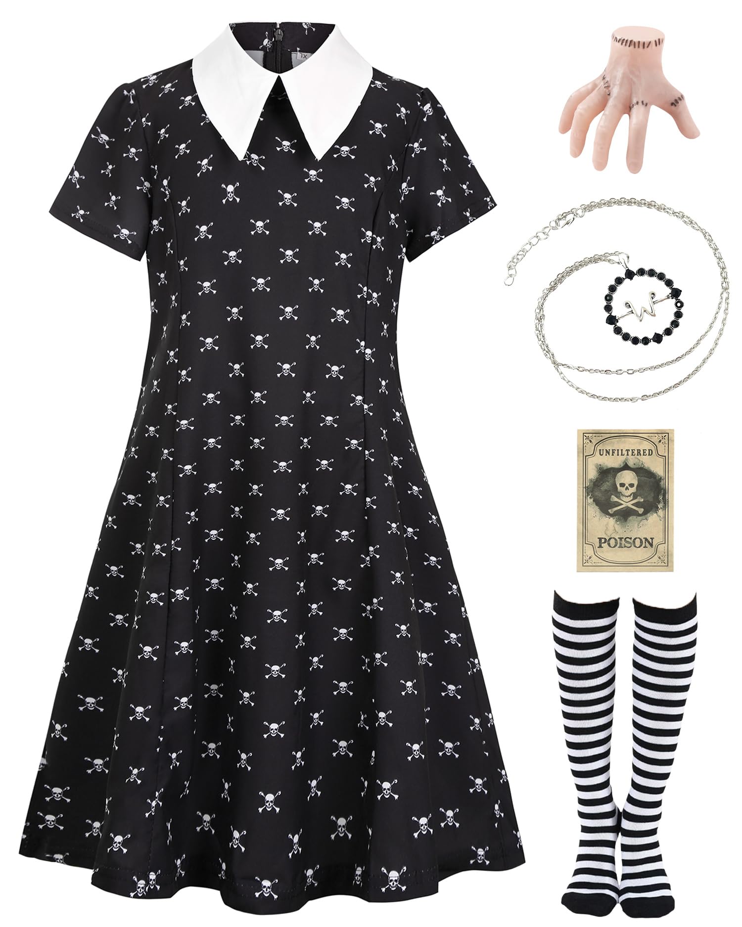 Girls Halloween Princess Costume Set – Cute Black Dress with Necklace, Hairpin, Socks & Stickers