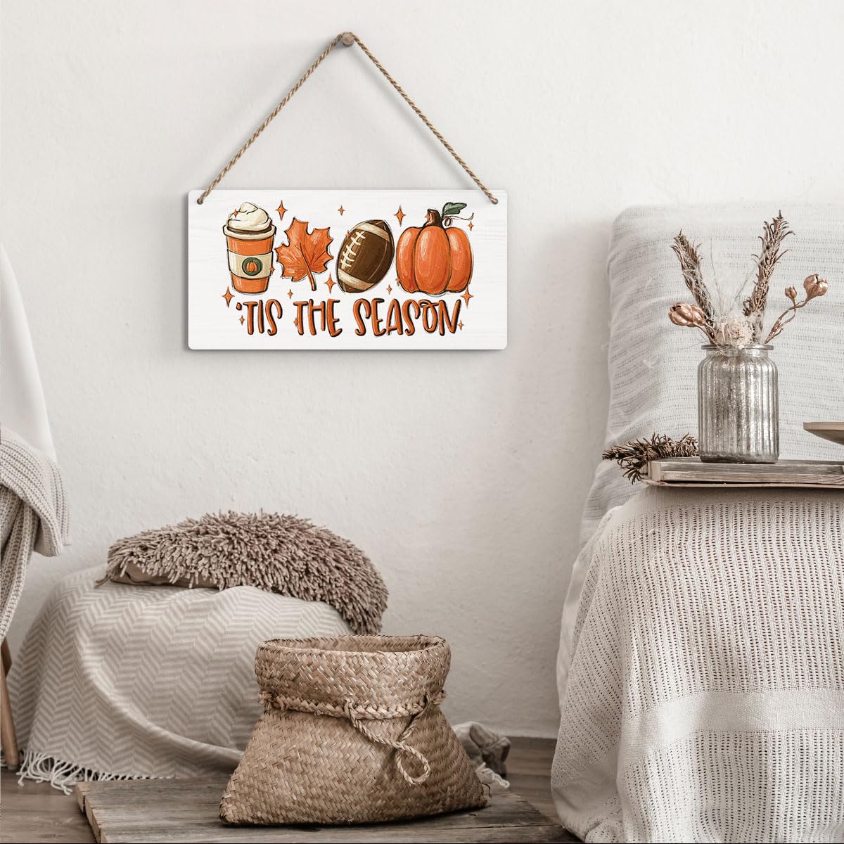 Fall Hanging Wooden Sign – Rustic Maple Leaf, Pumpkin & Football Wall Decor for Home & Porch