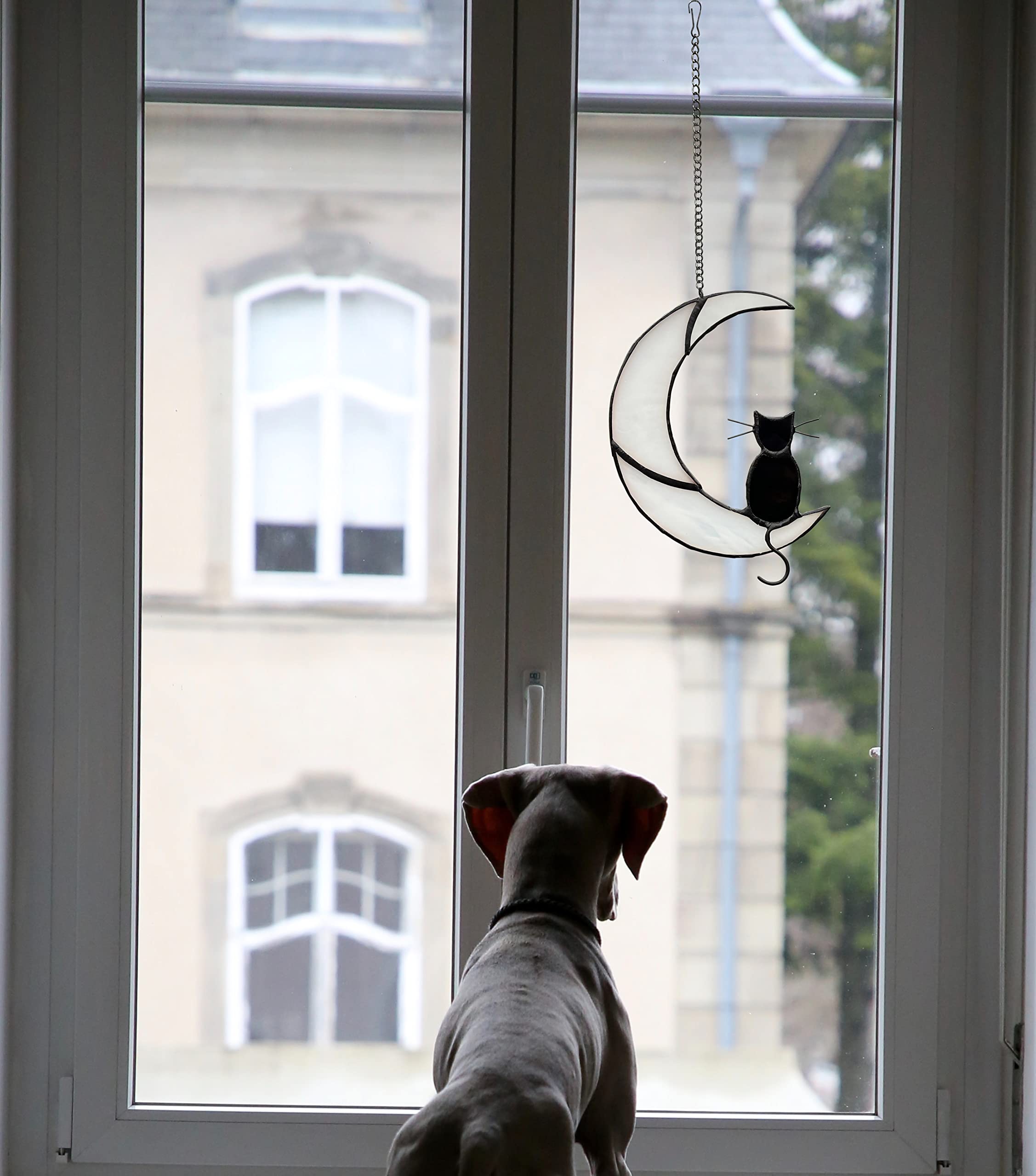 Black Cat on White Moon Stained Glass Suncatcher – Handmade Window Ornament for Halloween & Home Décor