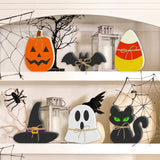 Halloween Wooden Tiered Tray Decor Set – 6PCS Rustic Signs (Pumpkin, Ghost, Cat, Bat, Witch Hat & Candy Corn)