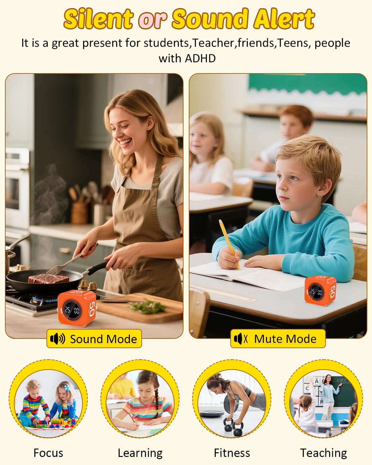 Kids Pomodoro Flip Cube Timer with Visual LED Time Ring, Silent Focus Mode & USB-C Rechargeable – Orange
