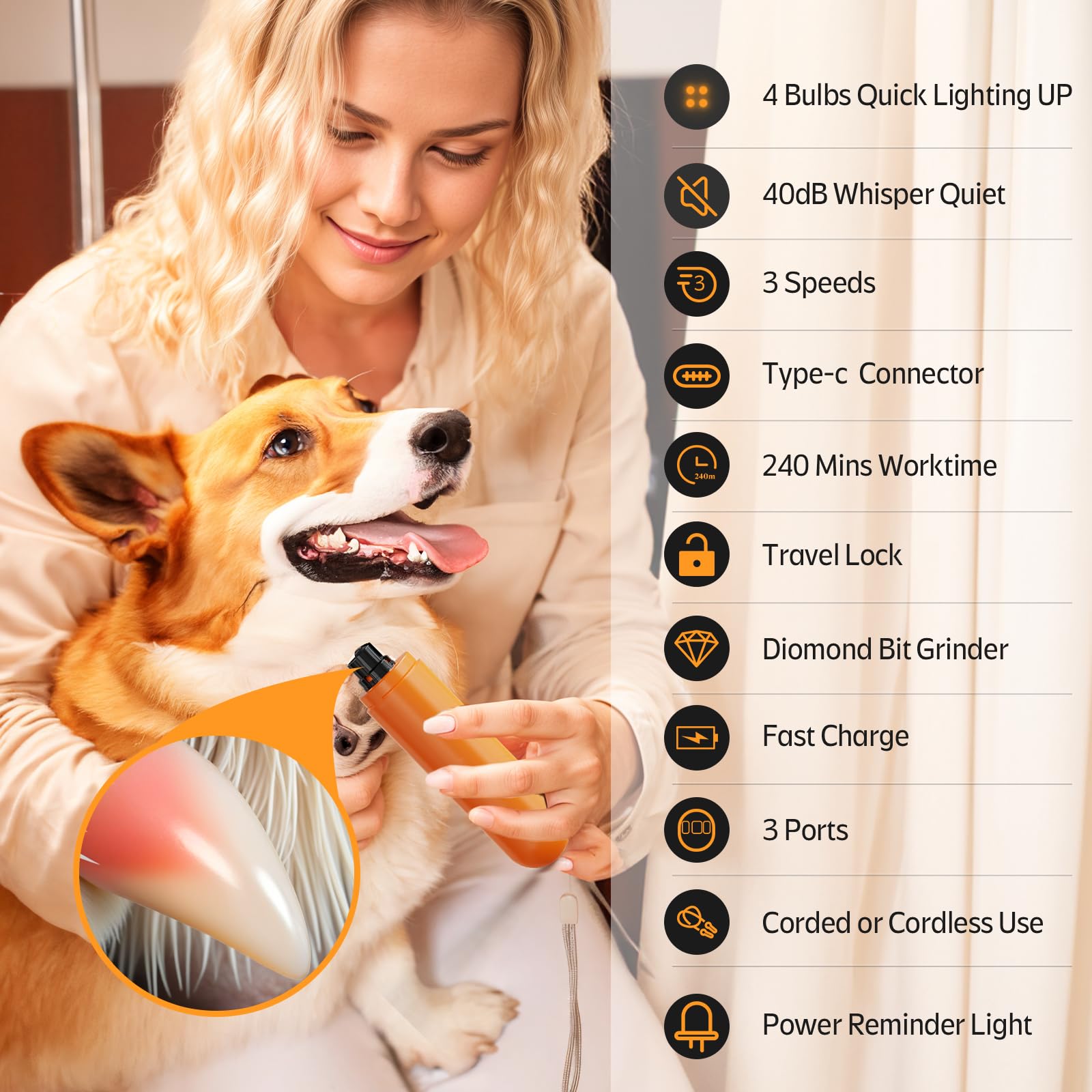 Professional Dog Nail Grinder with 4 LED Lights & Type-C Charging – 3-Speed Quiet Pet Nail Trimmer (Orange)