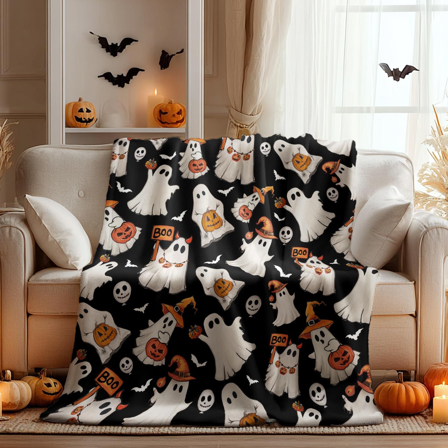 Halloween Flannel Blanket Orange & Black – Soft Warm Cozy Fleece Throw for Couch, Bed & Travel