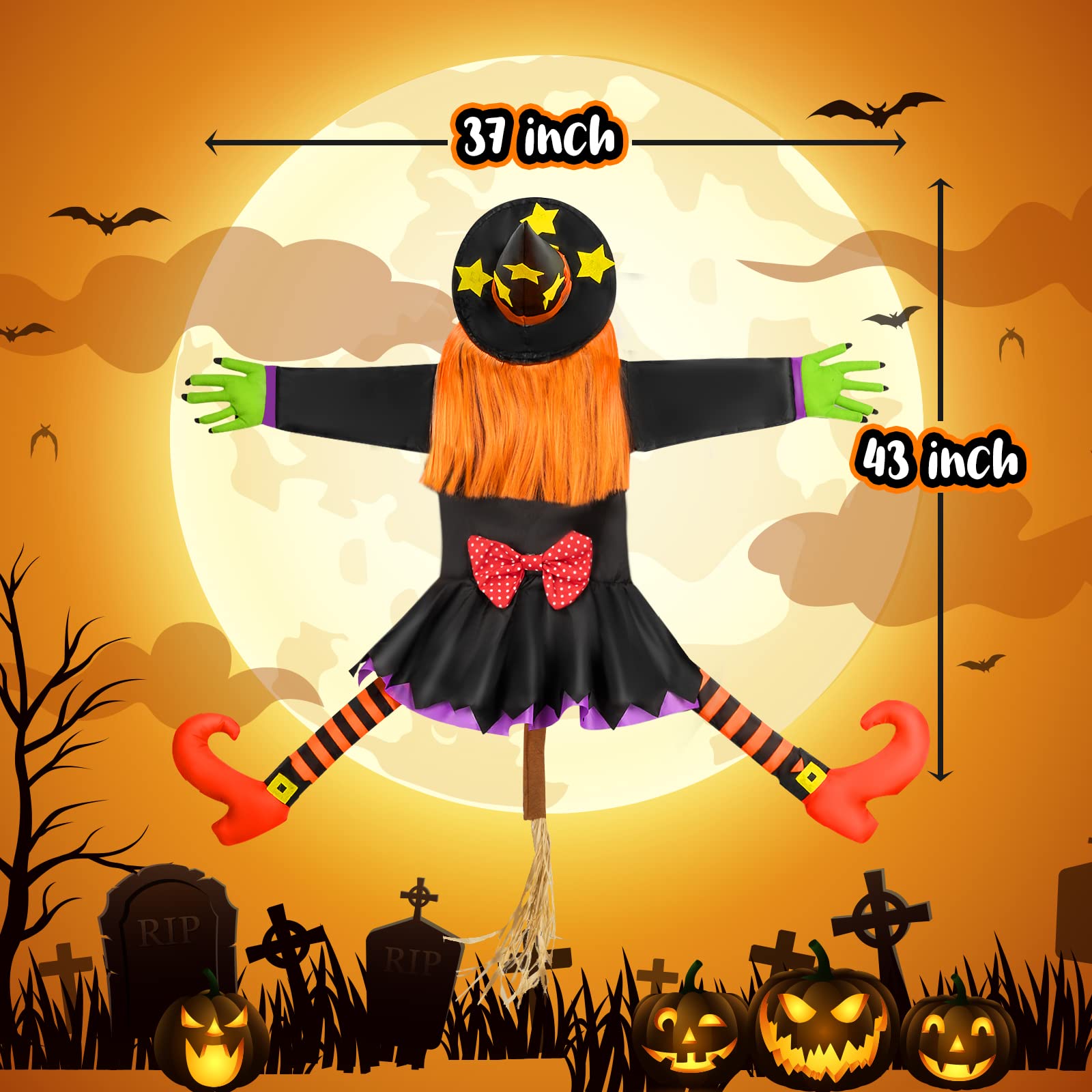 Crashing Witch Halloween Decoration – Life-Size Funny Yard Prop with Starry Hat, Striped Stockings & Pumpkin Hair (Orange)