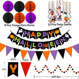 Halloween Party Decoration Set – Black, Orange & Purple Paper Banner Kit with Honeycomb Balls, Swirls & Garland