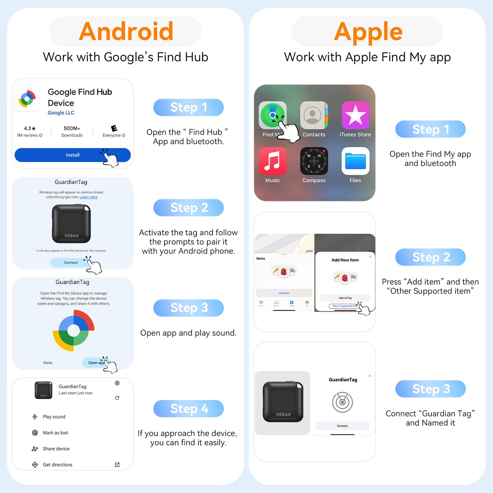Dual Compatible USB-C Rechargeable Bluetooth Tracker Tag, Apple Find My and Google Find My Device Smart Locator (Black & White)