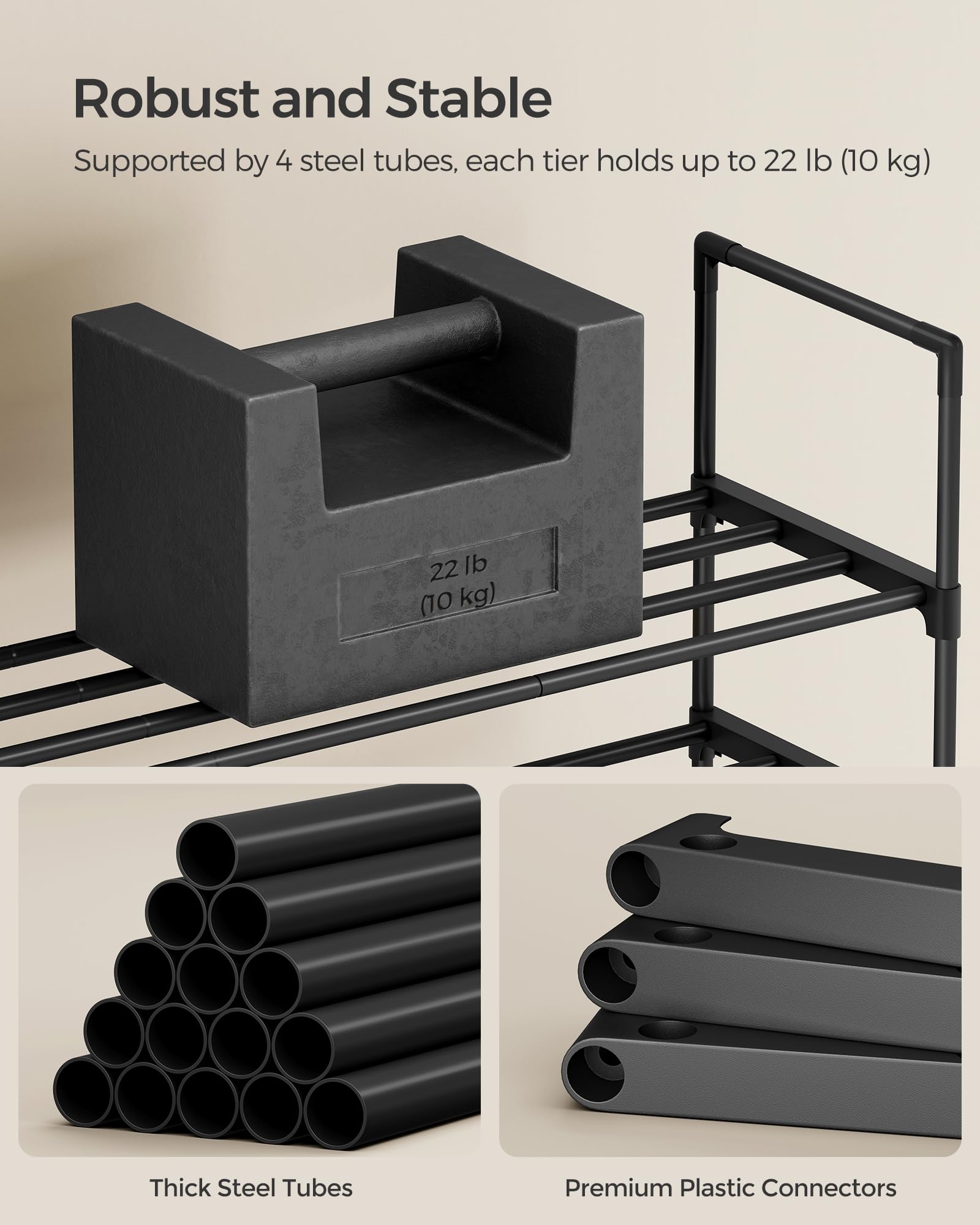 SONGMICS 3-Tier Metal Shoe Rack – Stackable, Flip-Design Shoe Organizer for Entryway & Closet (Black)