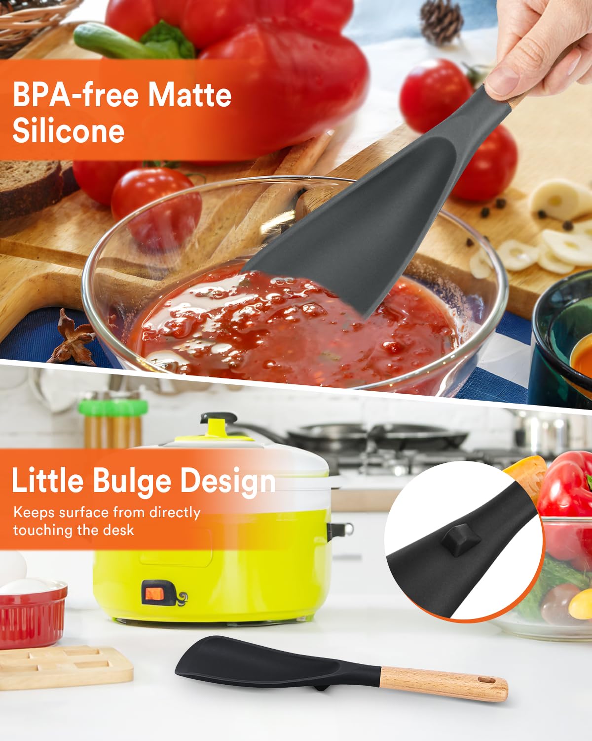 Heat-Resistant Silicone Cooking Spoon Set with Wooden Handle – Non-Toxic & Non-Stick Safe