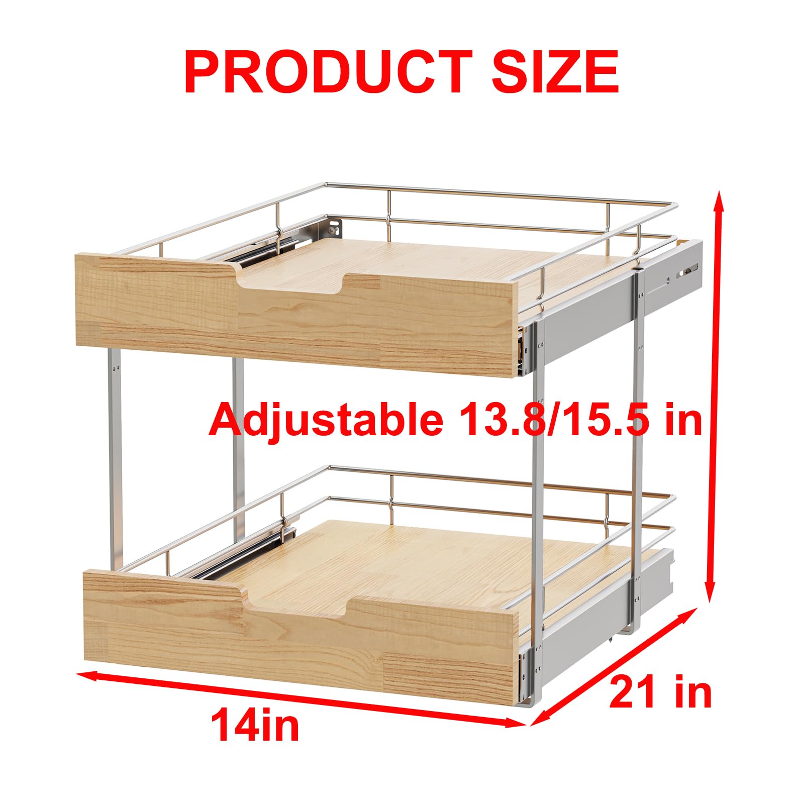 Wide Solid Wood & Wire Pull-Out Cabinet Organizer – Heavy-Duty 2-Tier Slide-Out Shelf