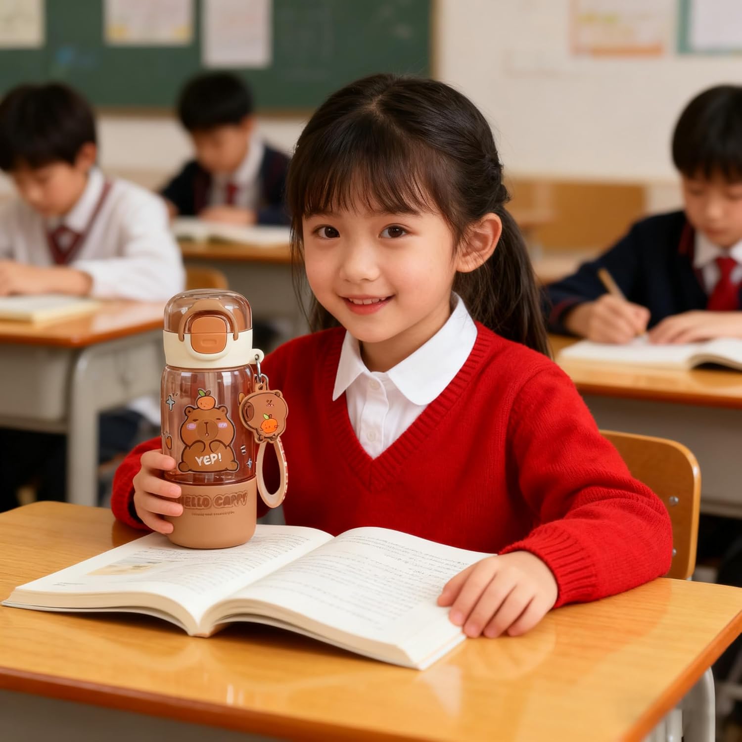 18 oz Kids Capybara Water Bottle with Straw, Direct-Sip Lid, Safety Lock and Keychain