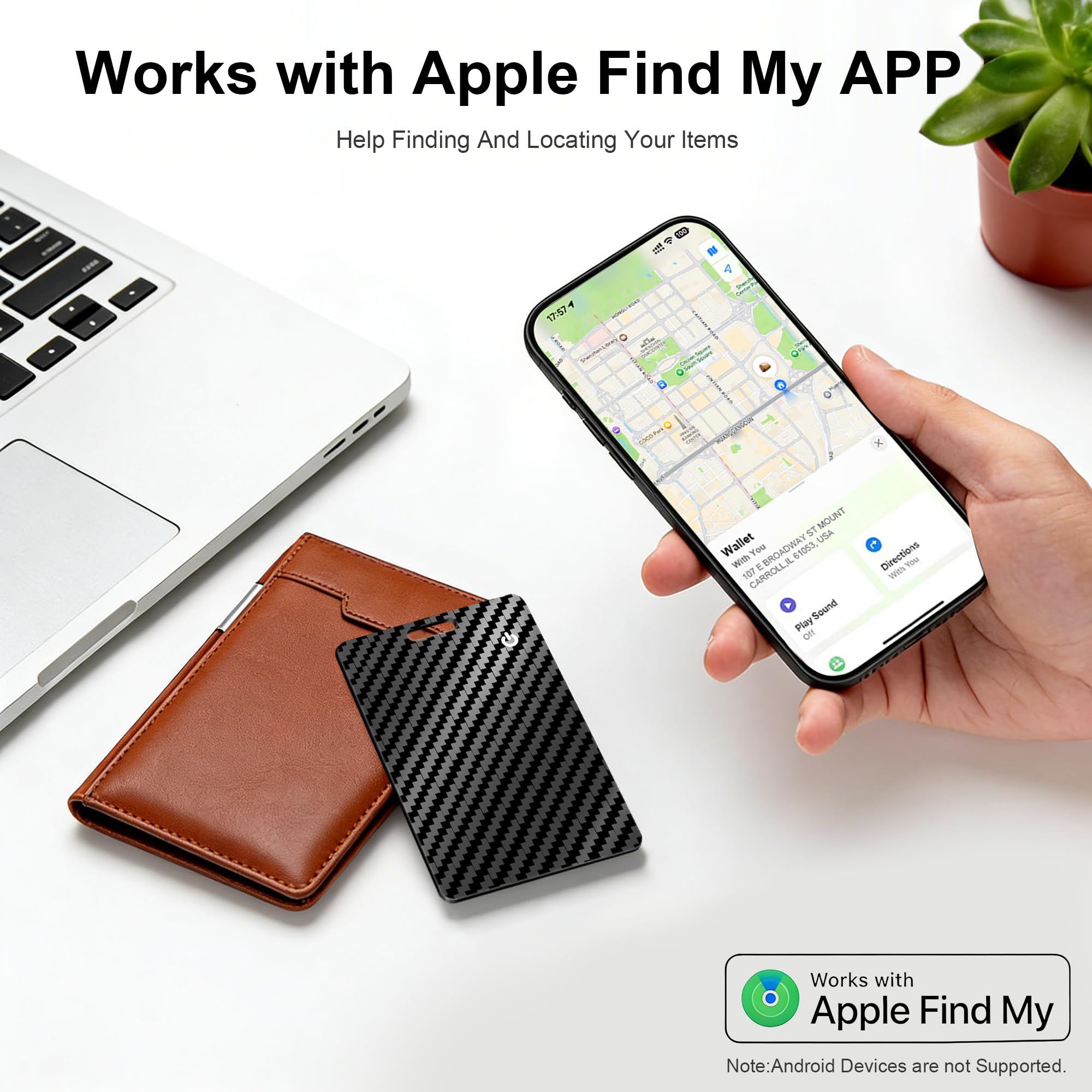 Rechargeable Smart Wallet Tracker Card, Apple Find My Compatible, Ultra-Slim Bluetooth Tracking Card with Wireless Charging – Carbon Fiber Black