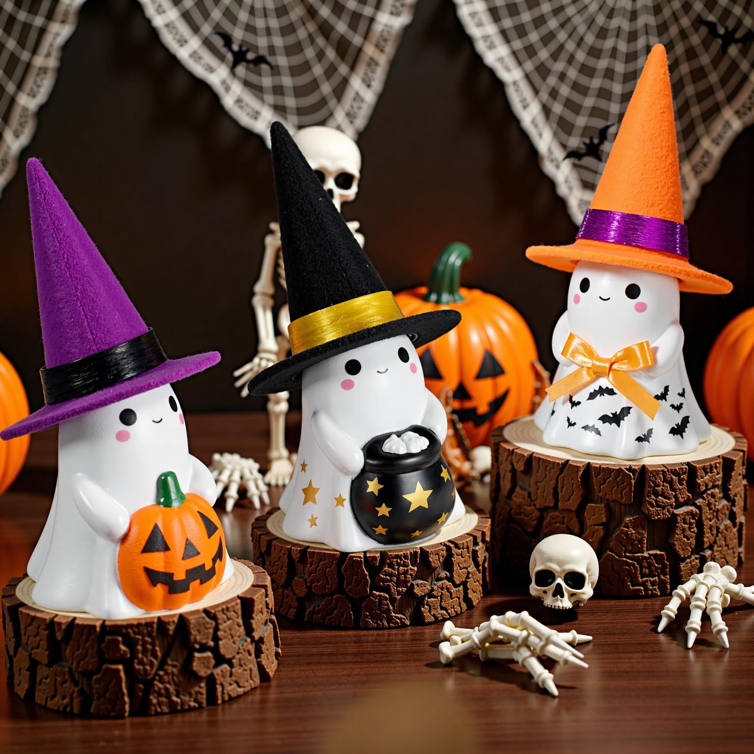 Set of 3 Ceramic Ghost Figurines with Colorful Hats – Cute Halloween Tabletop Decorations for Home, Mantel & Party