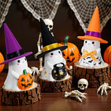 Set of 3 Ceramic Ghost Figurines with Colorful Hats – Cute Halloween Tabletop Decorations for Home, Mantel & Party