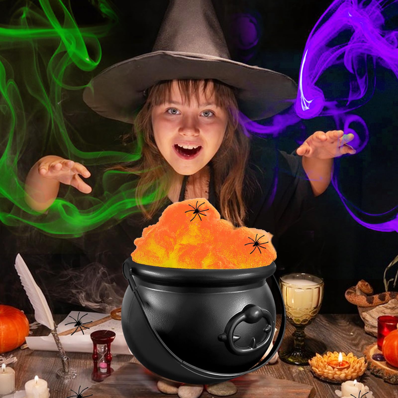 Black Witch Cauldron with Spider Webs – Halloween Candy Bowl & Decoration Set (1 Cauldron + 3 Web Packs, Green/Orange/Purple)