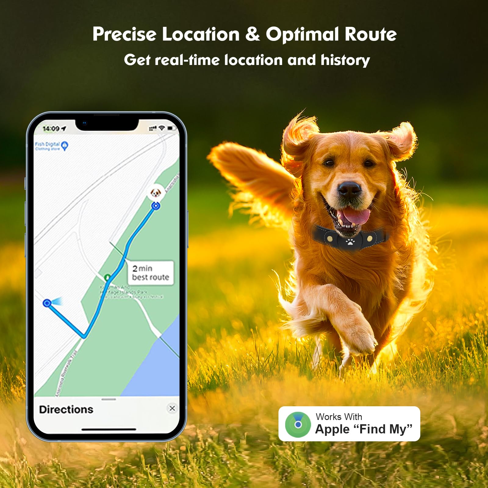 BOMERAHE GPS Dog Tracker Collar Apple Find My Waterproof Adjustable Smart Tracking Pet Collar No Subscription