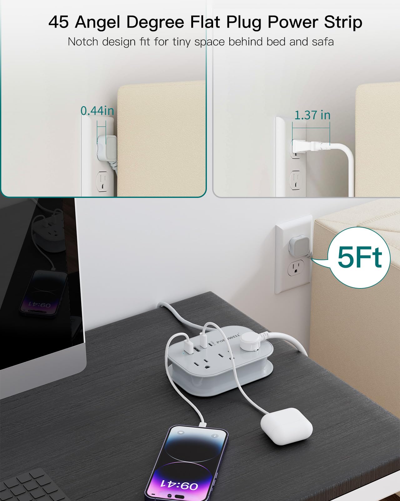 Flat Plug Travel Power Strip with USB-C – Compact 6-in-1 Desktop Charging Station (Grey)