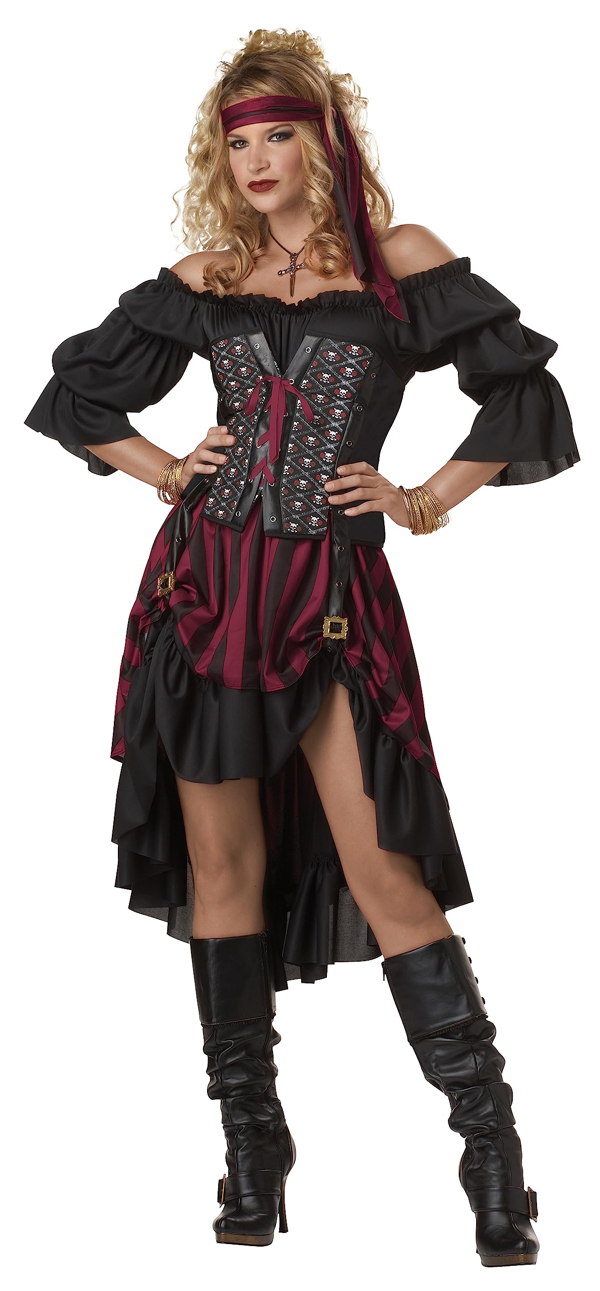 Women’s Pirate Wench Costume – Multi-Color Off-Shoulder Dress with Burgundy & Black Ruffled Skirt (X-Large)