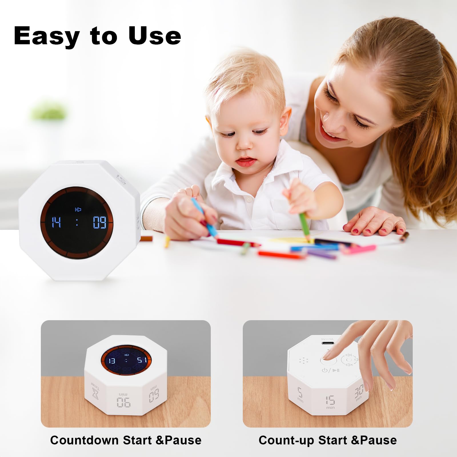 Kaflin Small Rechargeable Pomodoro Timer with Gravity Sensor, 7 Preset Times & Count-Up Mode, Compact Digital Timer for Work, Study & Kitchen – Pearl White