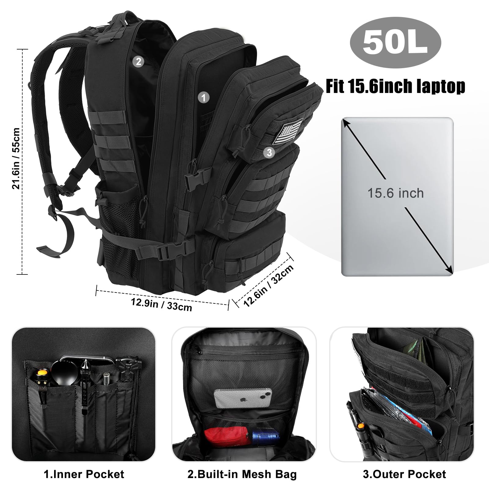 Kookoomia 50L Military Tactical Backpack – Heavy-Duty MOLLE 3-Day Assault Pack, Black