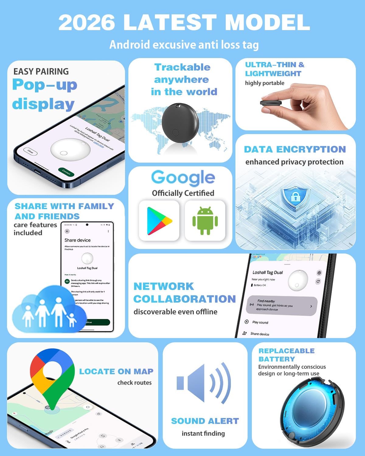 Android Find Hub Bluetooth Tracker Tag, UWB Distance Display, 95dB Loud Alert, IP65 Waterproof, 2-Year Battery, Google Certified Item Locator
