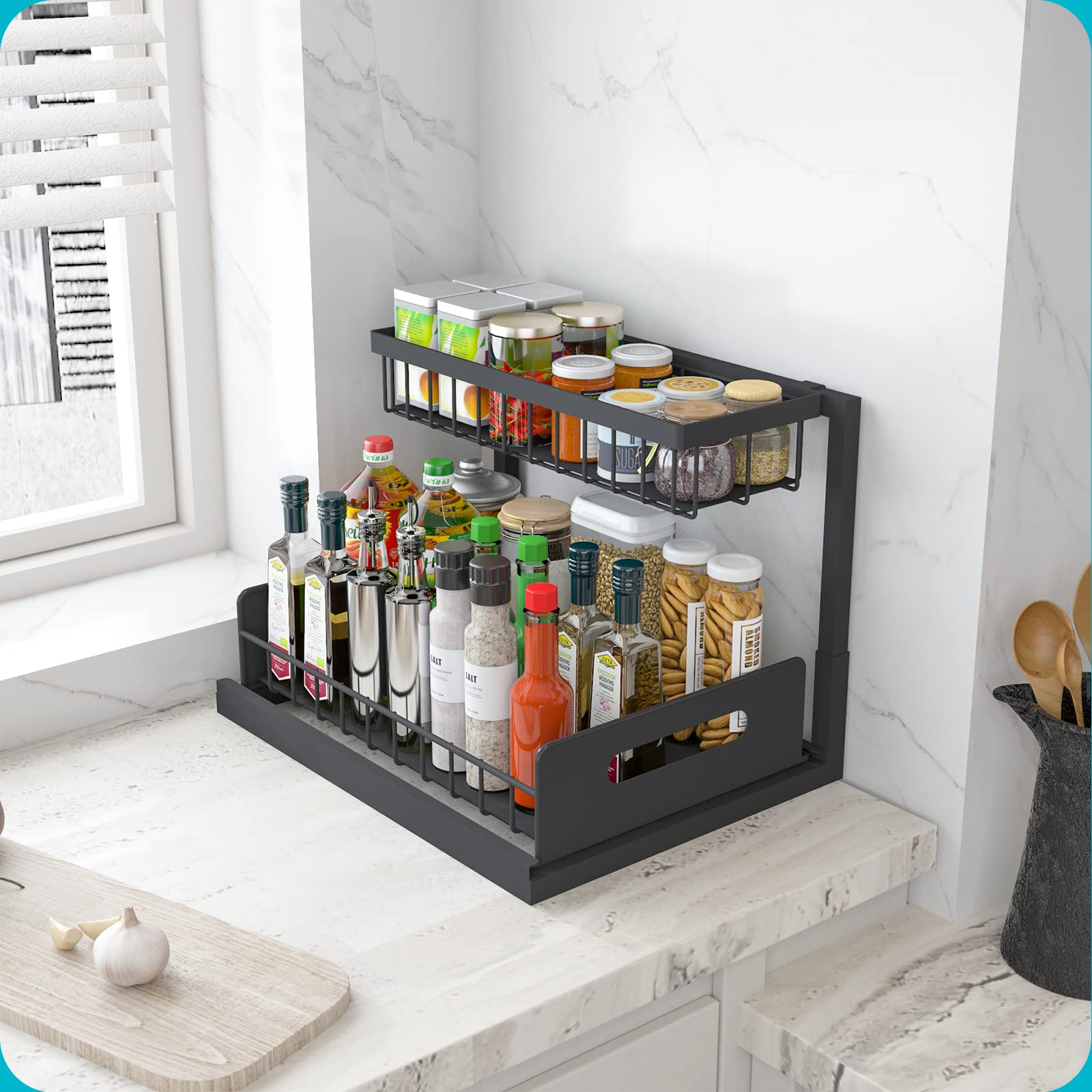 REALINN Under Sink Pull-Out Organizer – Sliding L-Shaped Cabinet Storage Shelf for Kitchen & Bathroom (Black, 2-Pack)