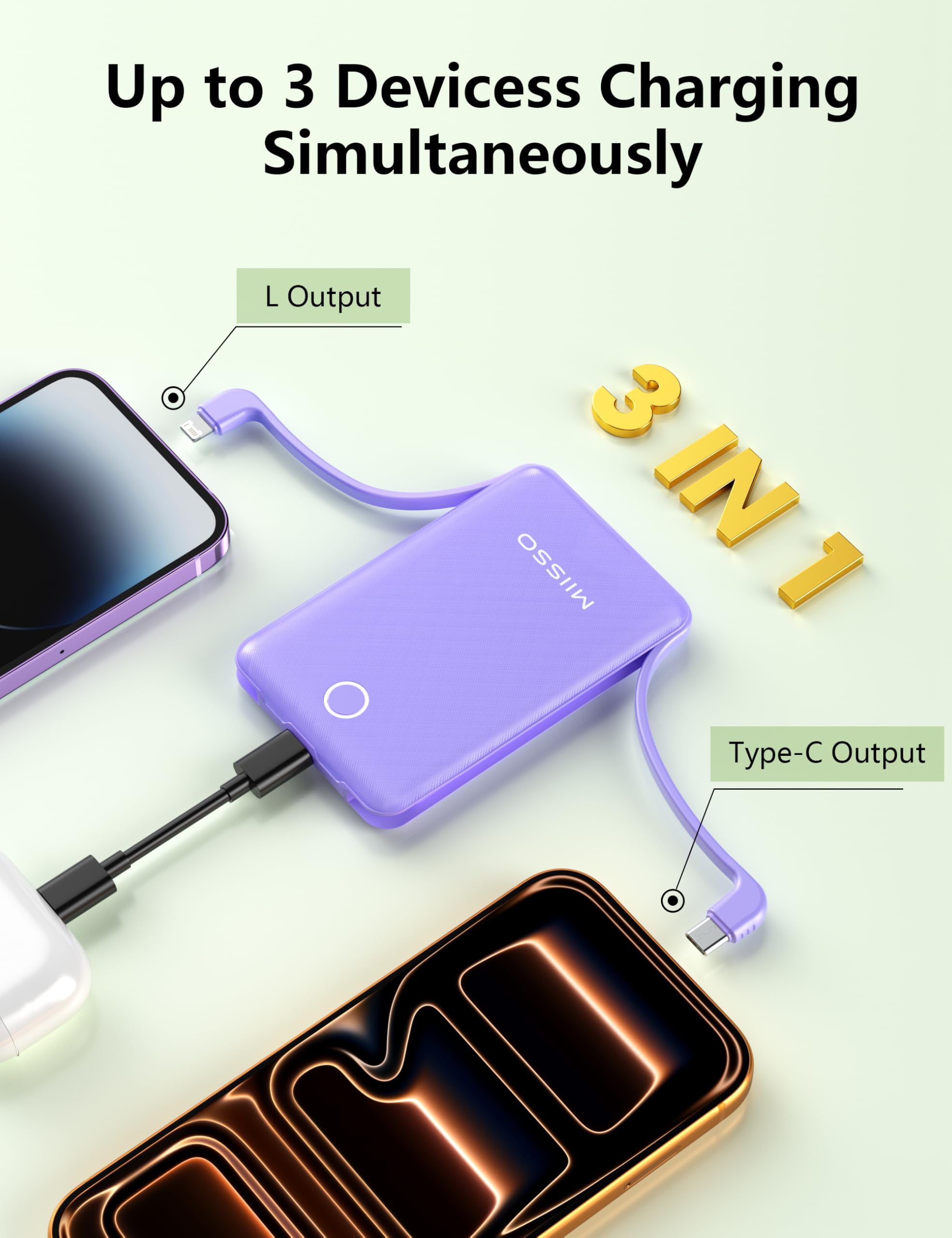 10000mAh Pocket Power Bank with Built-in Cables – Slim Portable Charger for iPhone, Samsung & USB-C Devices