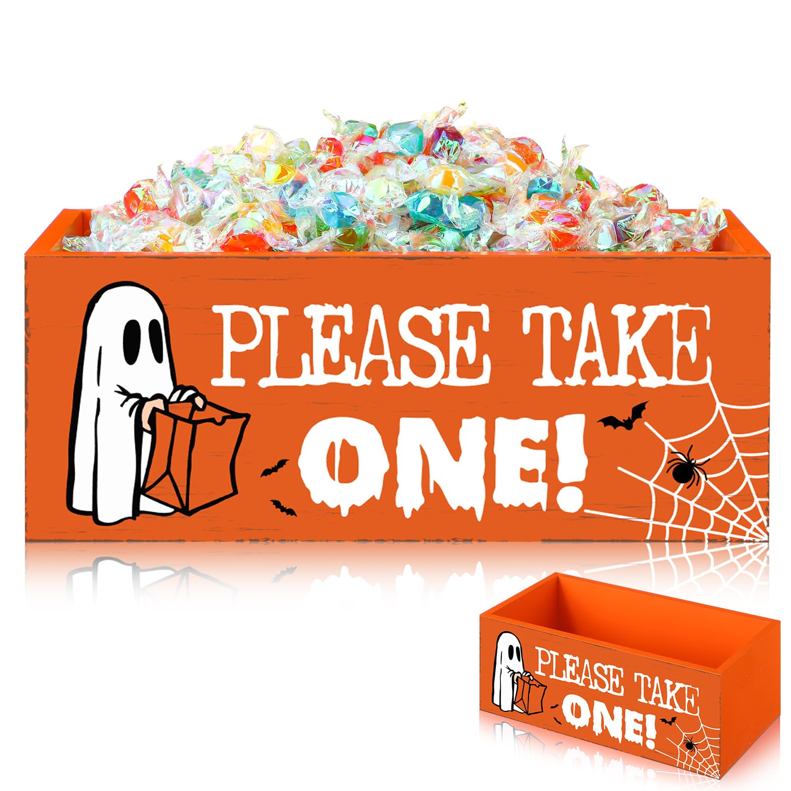Wooden “Please Take One” Halloween Candy Bowl – Orange Rustic Trick or Treat Box