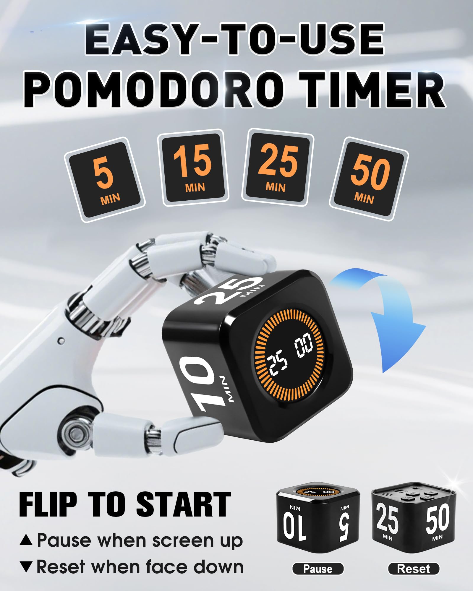 WAFHX Pomodoro Timer Cube with Preset Focus Cycles, Gravity Sensor & Visual Progress Bar, USB-C Rechargeable Silent Desk Timer – Black