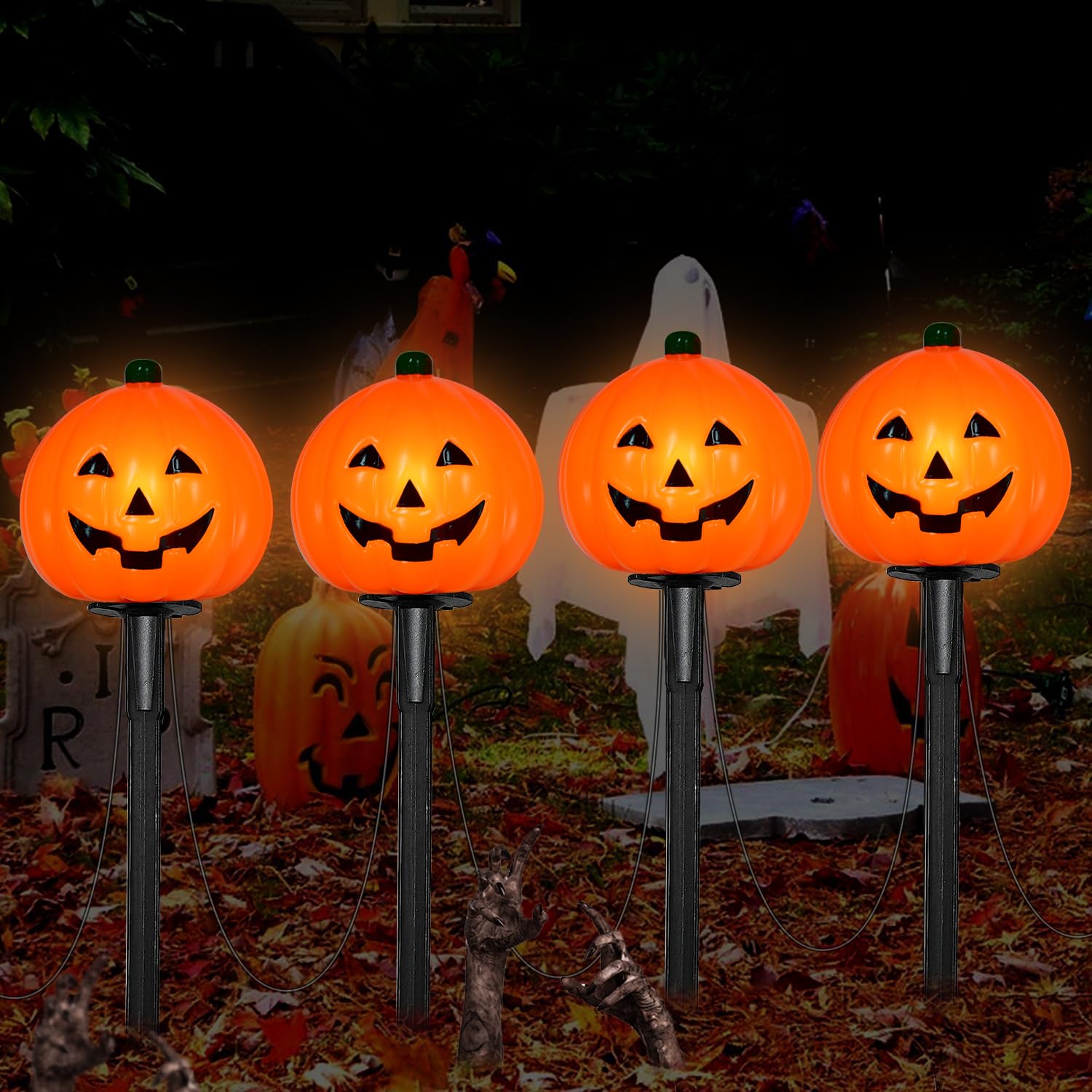 2025 LED Halloween Pumpkin Pathway Lights – 7FT Plug-In Jack-O’-Lantern Yard Stakes, UL Certified & IP44 Waterproof (4-Pack)