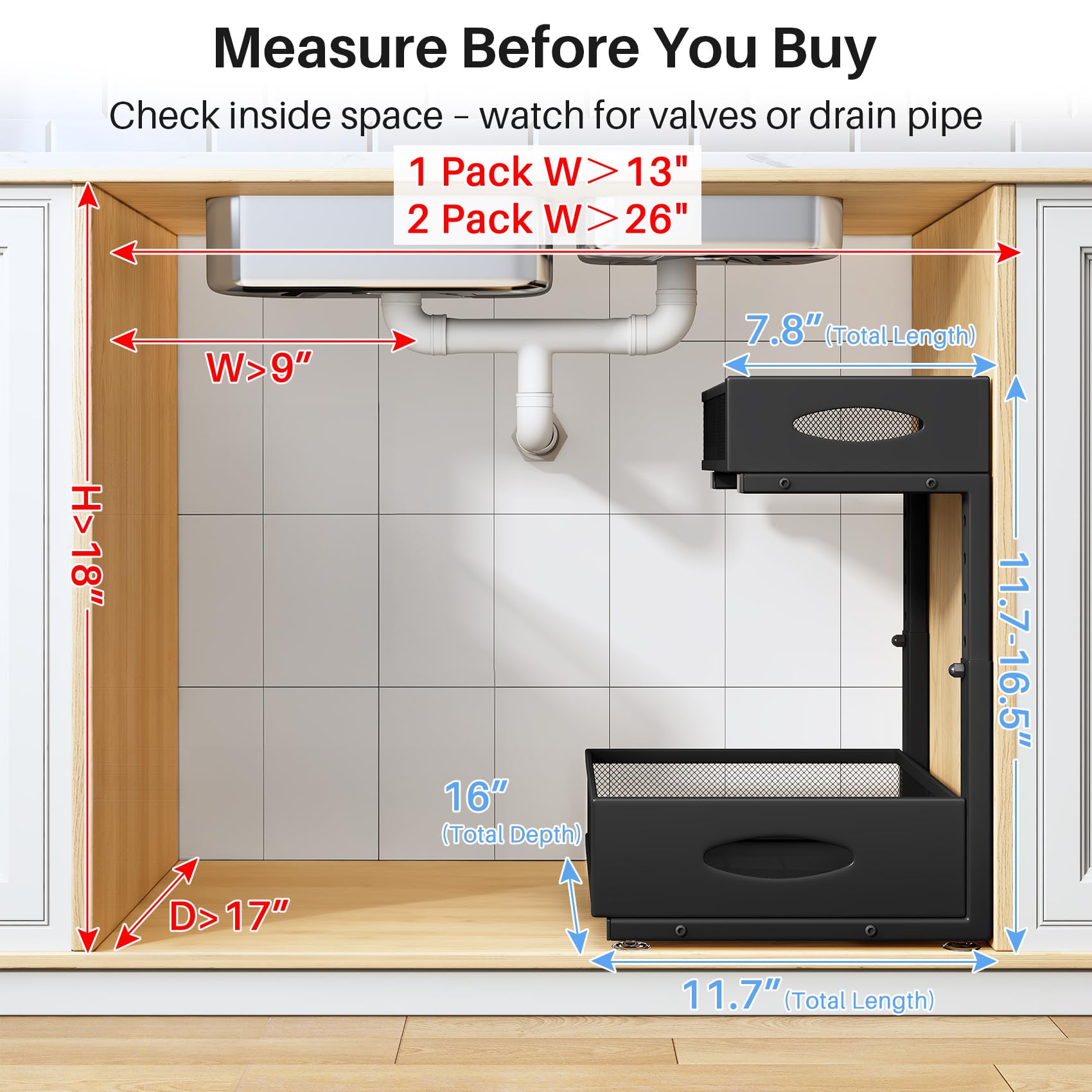 Extra-Large 2-Tier Under Sink Organizer (2-Pack) – Heavy-Duty Mesh Pull-Out Drawers for Framed & Frameless Cabinets, Black