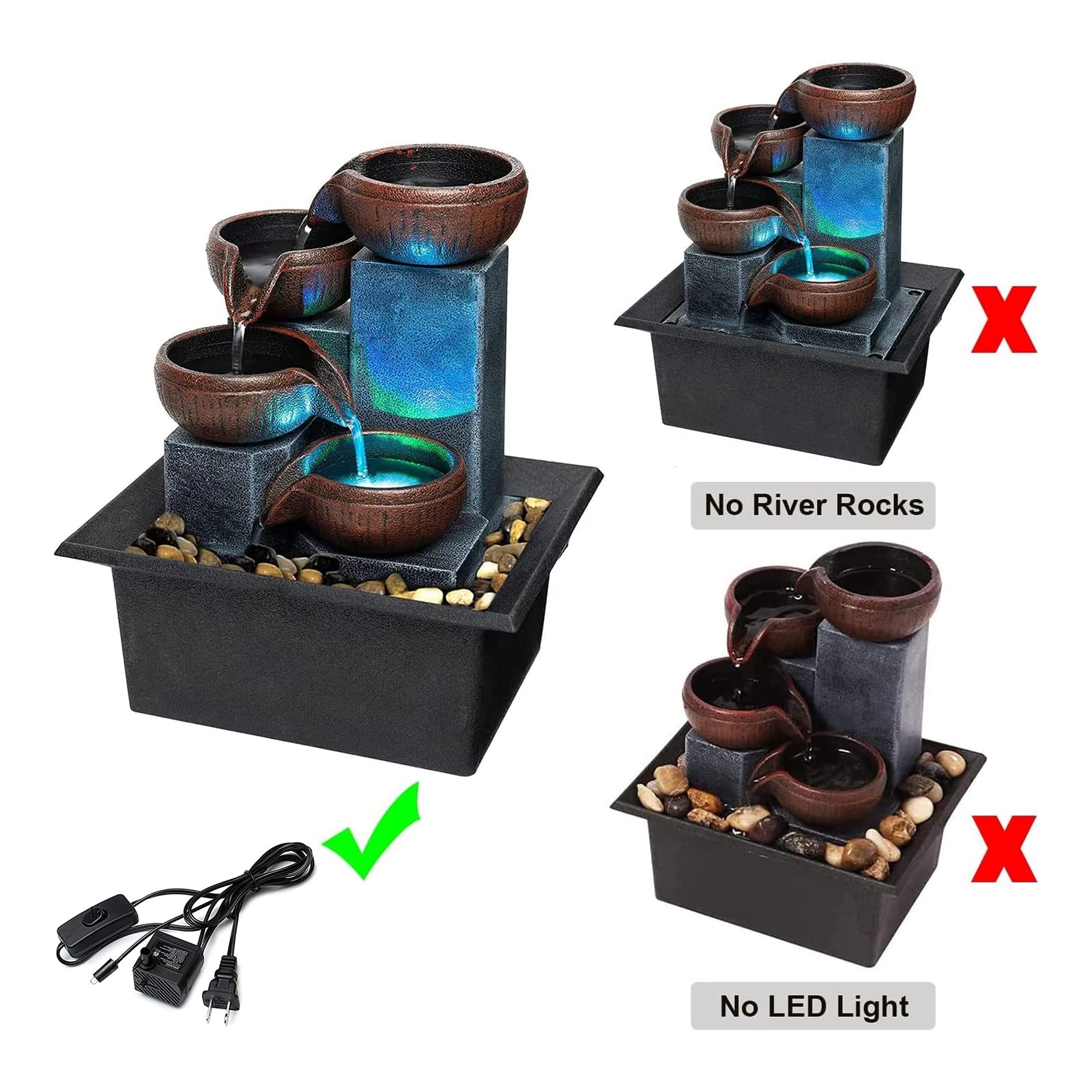 LED Mini Desktop Waterfall Fountain with Natural River Stones & ON/OFF Switch – Style 1