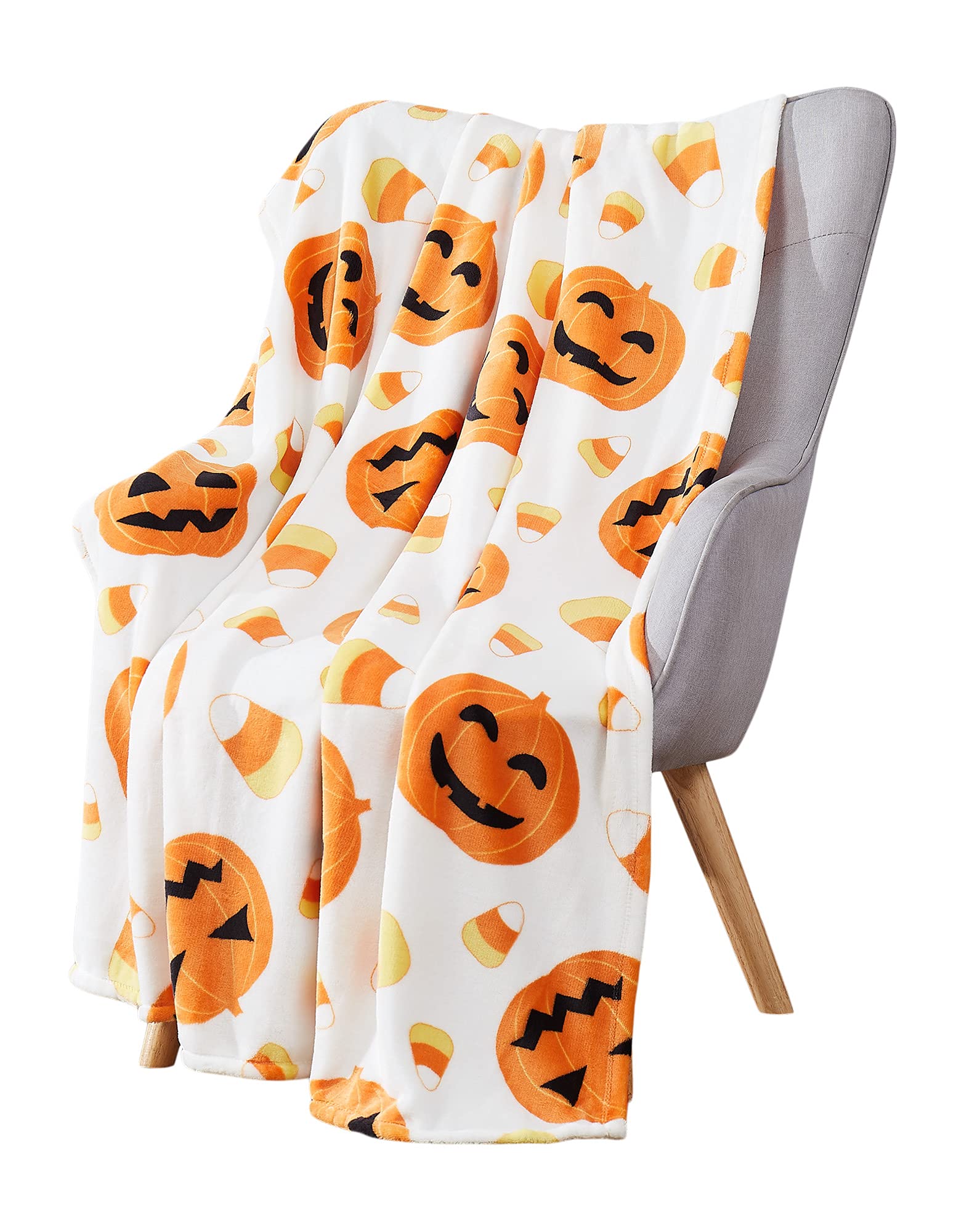 Halloween Velvet Fleece Throw Blanket – Jack O’ Lantern & Candy Corn Pattern (50x70”, White Yellow Orange)