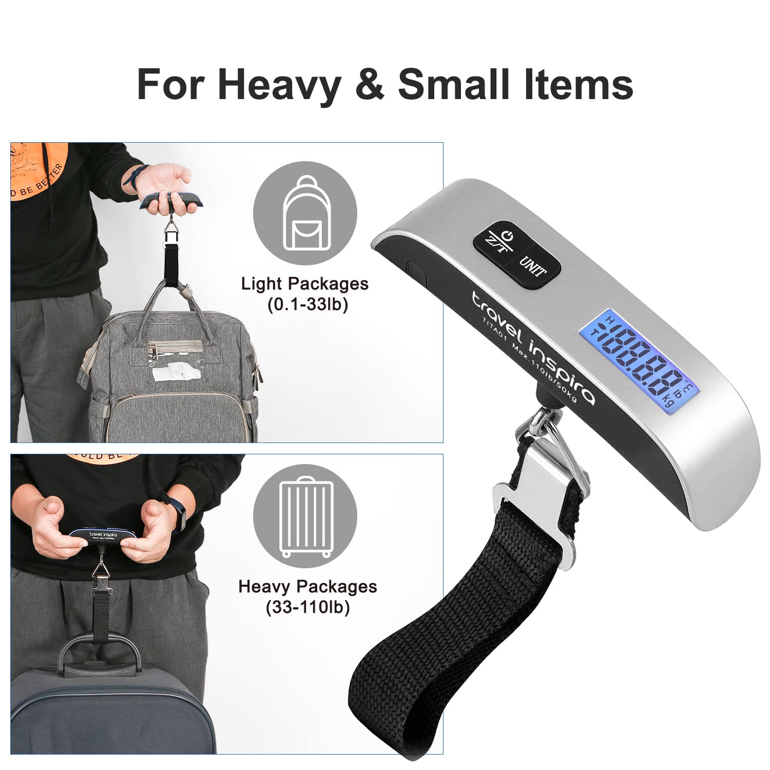 Portable Digital Luggage Scale with LCD Backlight – 110lb/50kg Capacity Travel Baggage Weight Scale with Data Lock & Rubber Grip Handle