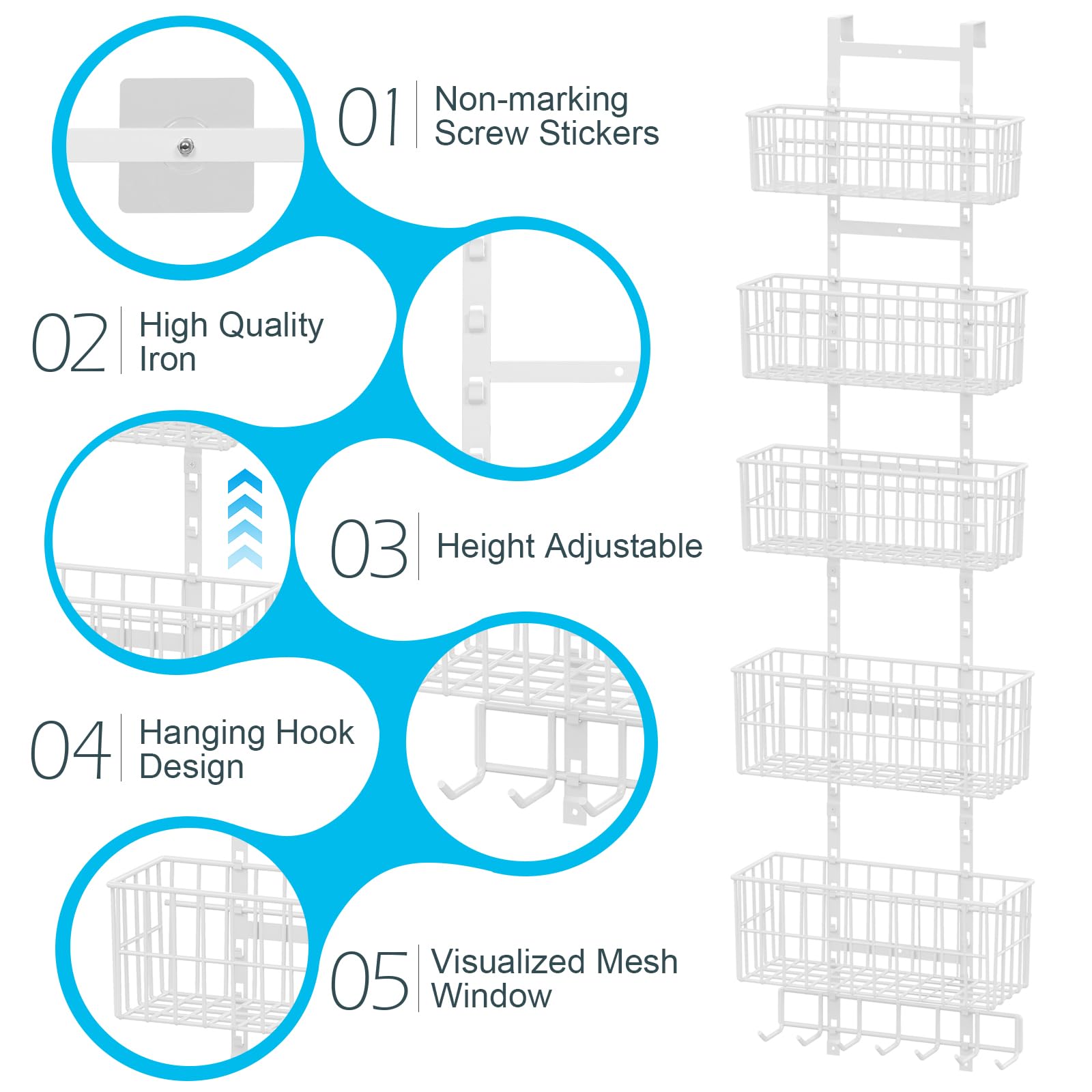 Hongtamoya Adjustable Over-the-Door Metal Organizer – 5 Wire Baskets & 7 Hooks for Pantry, Closet & Bathroom (White)