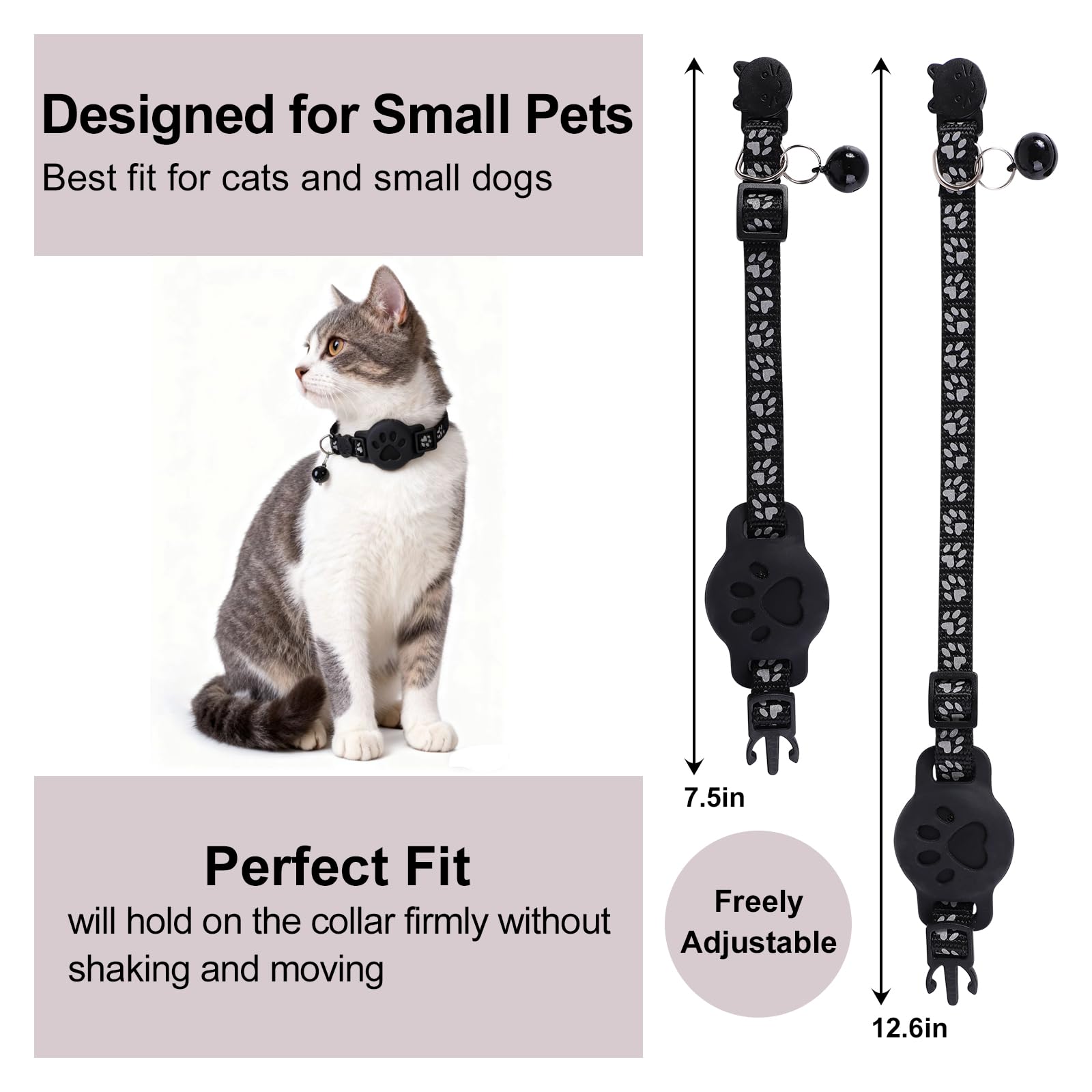 Smart GPS Tracking Cat Collar with Breakaway Safety Design & Reflective Strips – Adjustable Lightweight Tracker Holder Collar for Cats (Black)