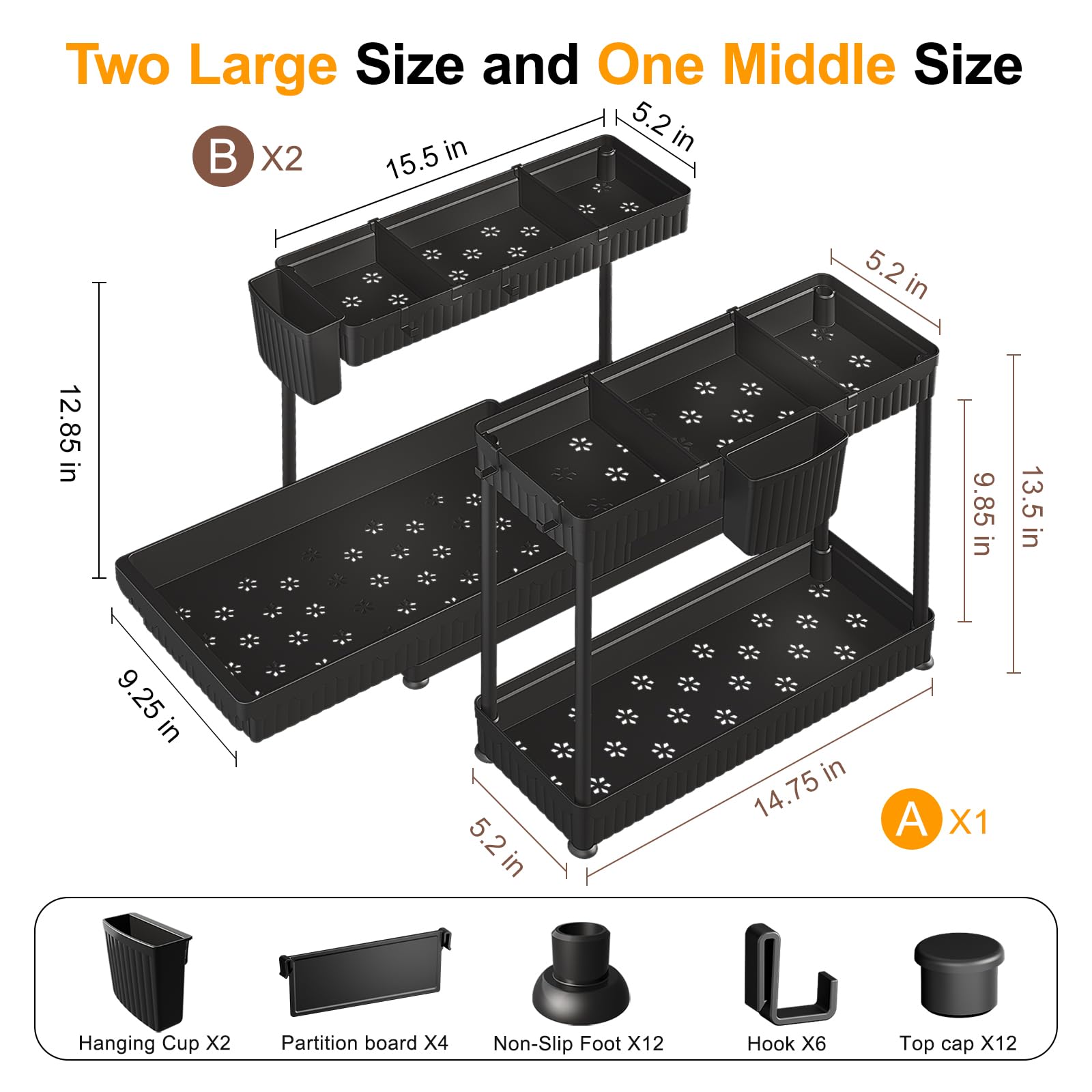 3-Pack L-Shaped Under Sink Organizer – Pull-Out Cabinet Storage with Hooks & Cup (Black)