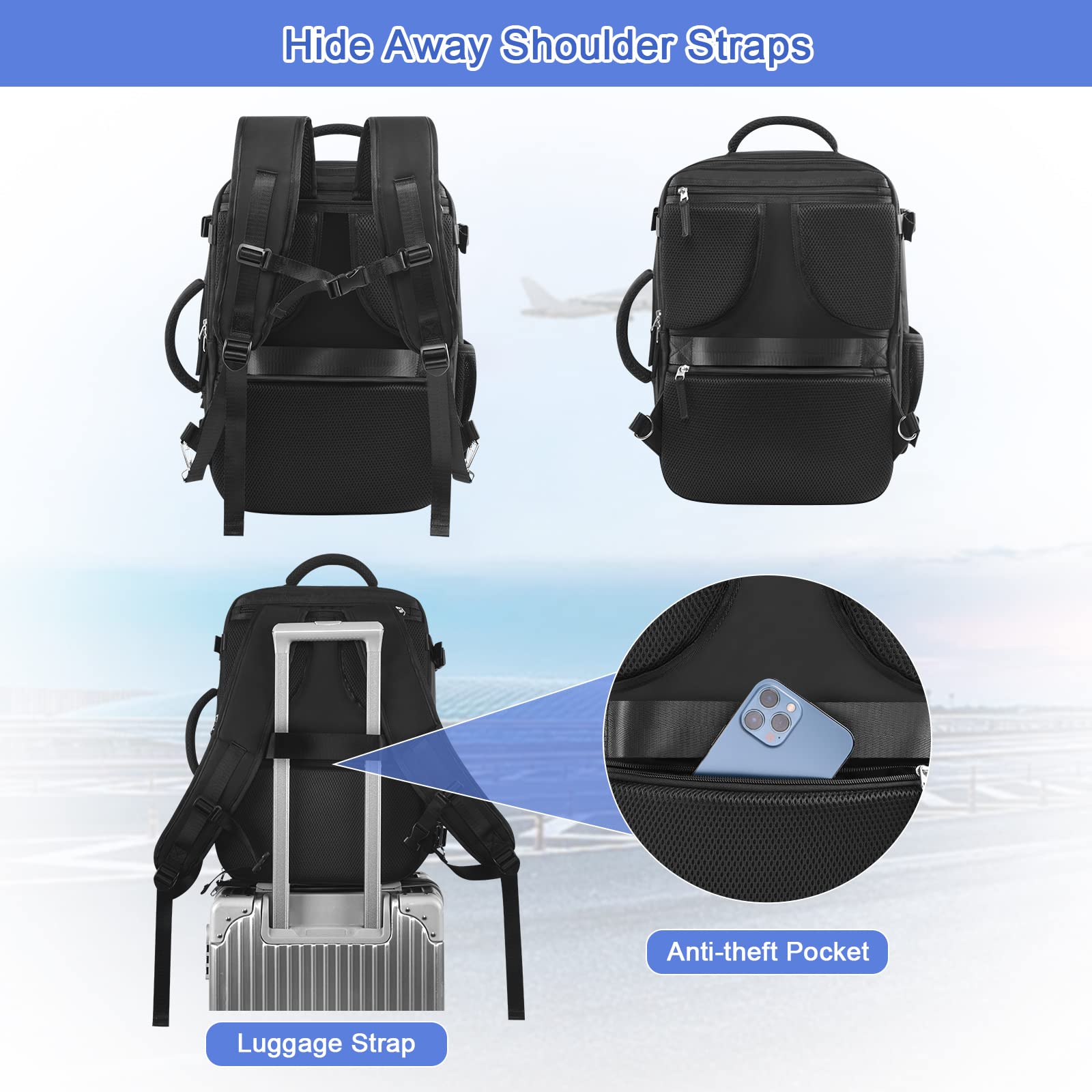 SINALIY Expandable 40L Carry-On Travel Backpack with Convertible Carry & 17” Laptop Sleeve – Black
