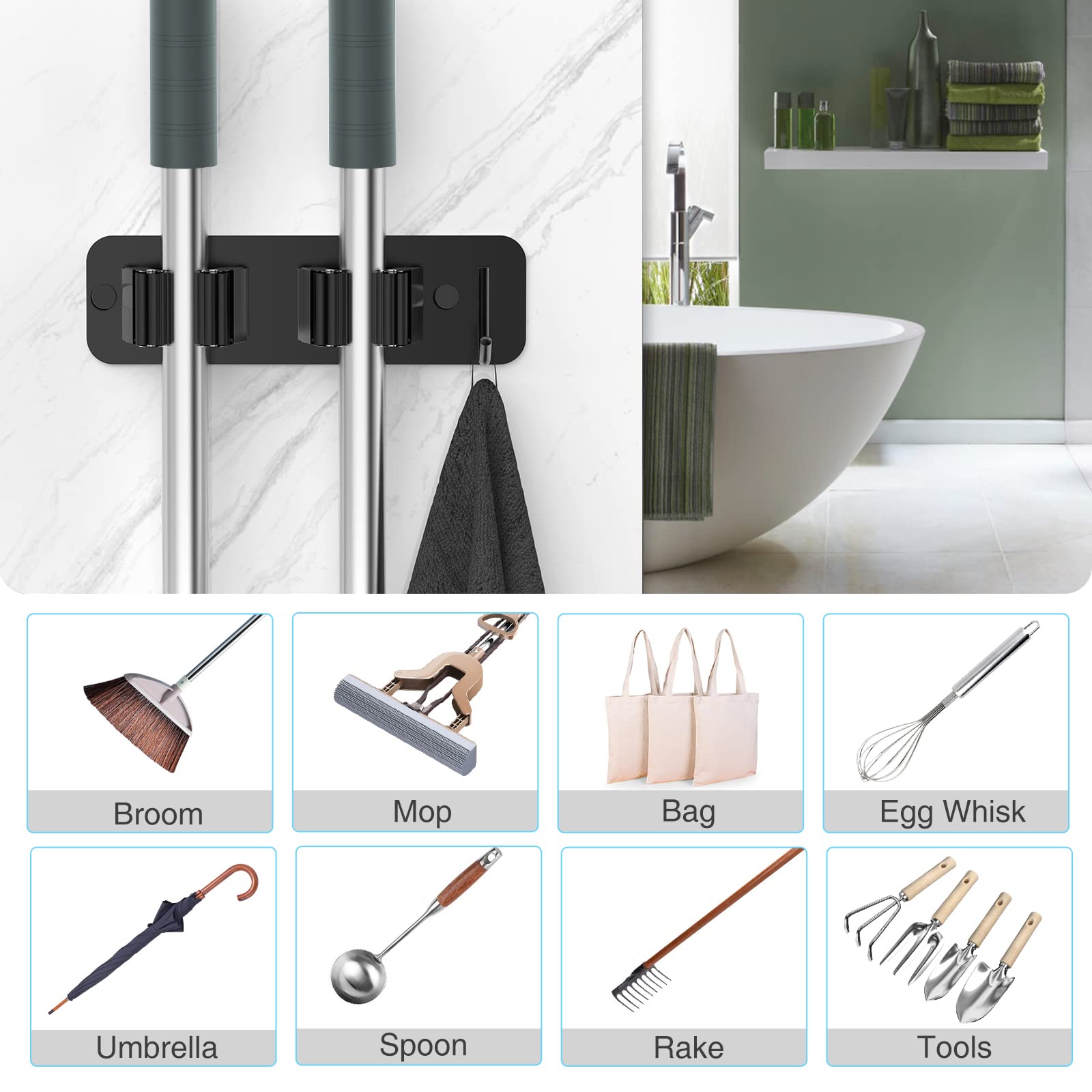 HOMEASY Wall-Mount Mop & Broom Holder – Heavy-Duty Stainless Steel Organizer with Hooks (Black, 2 Pack)