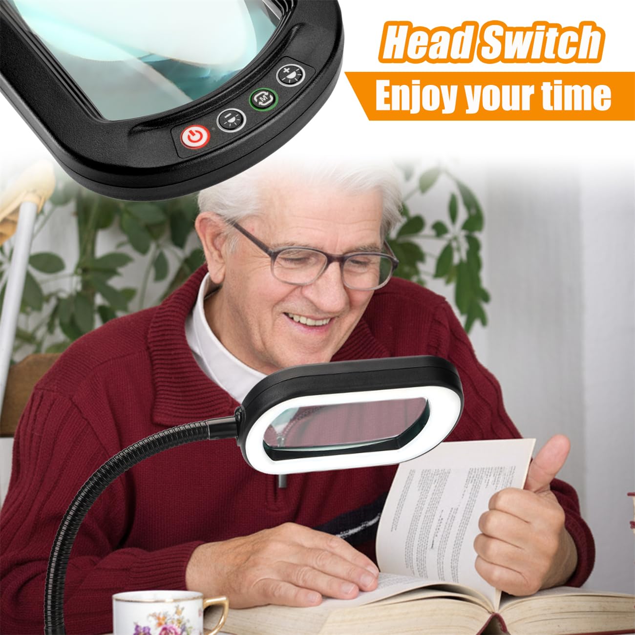 Veemagni 10X Rectangular Magnifying Lamp with LED Light & Flexible Gooseneck Stand, 5 Color Modes Stepless Dimmable Desk Magnifier for Crafts Reading Repair – Black