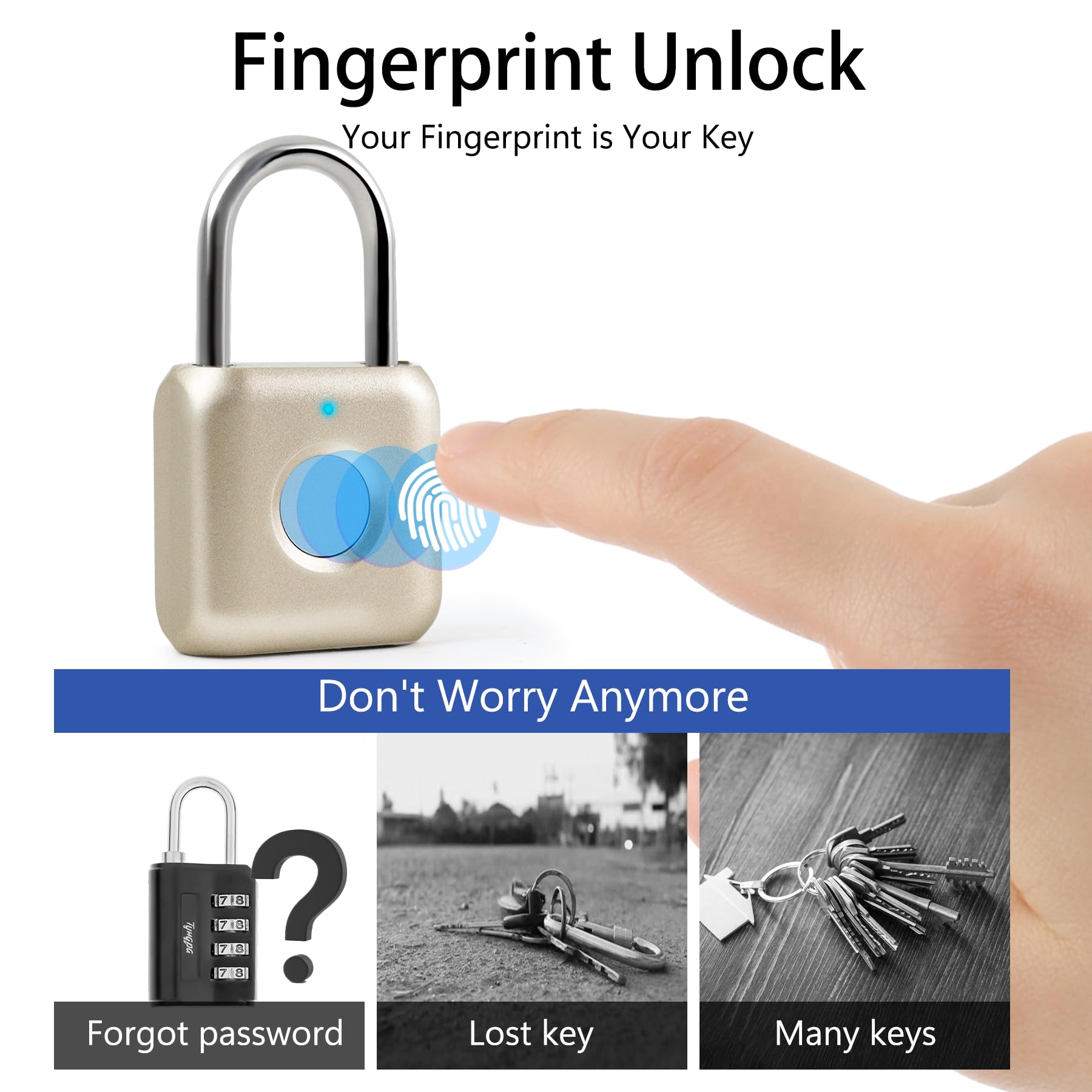 UMIKSMART Biometric Fingerprint Padlock with USB-C Rechargeable Battery, Fast Unlock Smart Lock for Gym Locker, Backpack & Storage