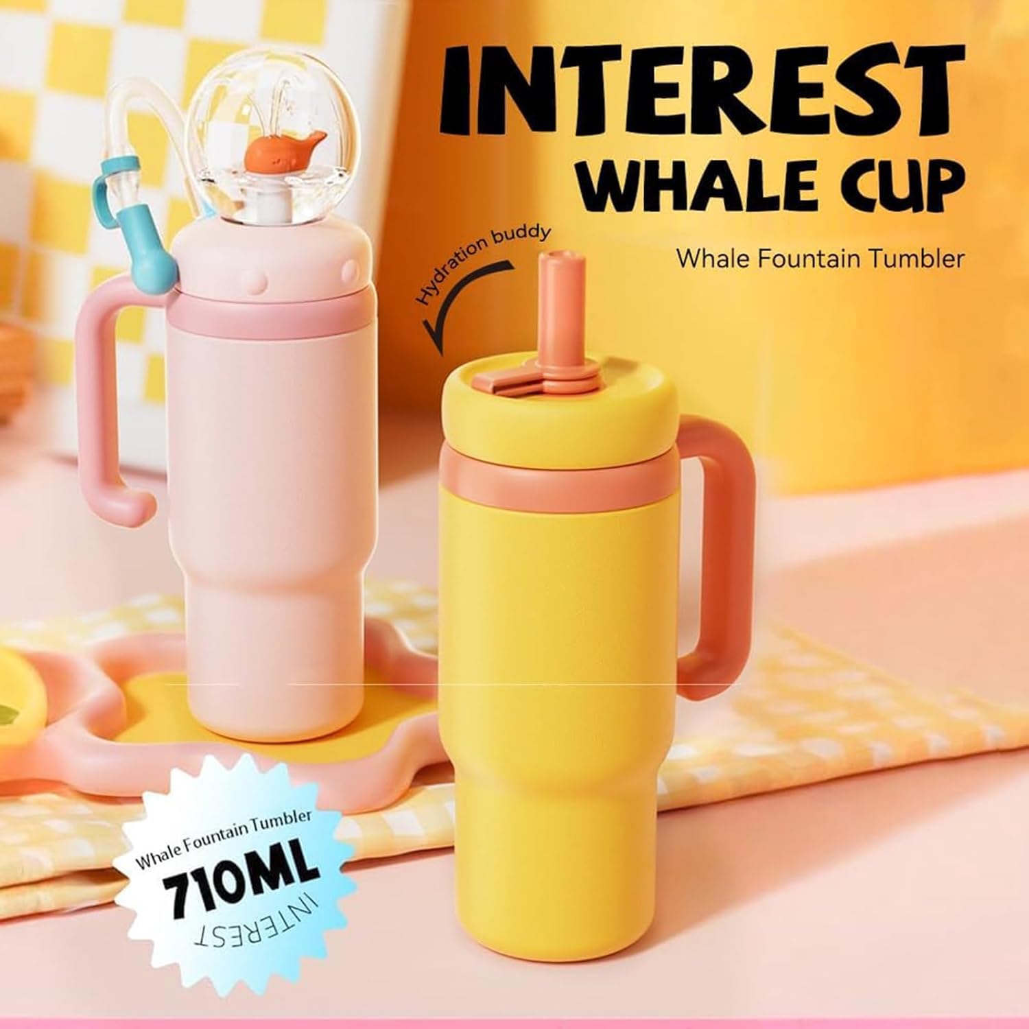 24 oz Insulated Whale Water Bottle with Two Soft Silicone Straws, Leakproof Lid and Handle