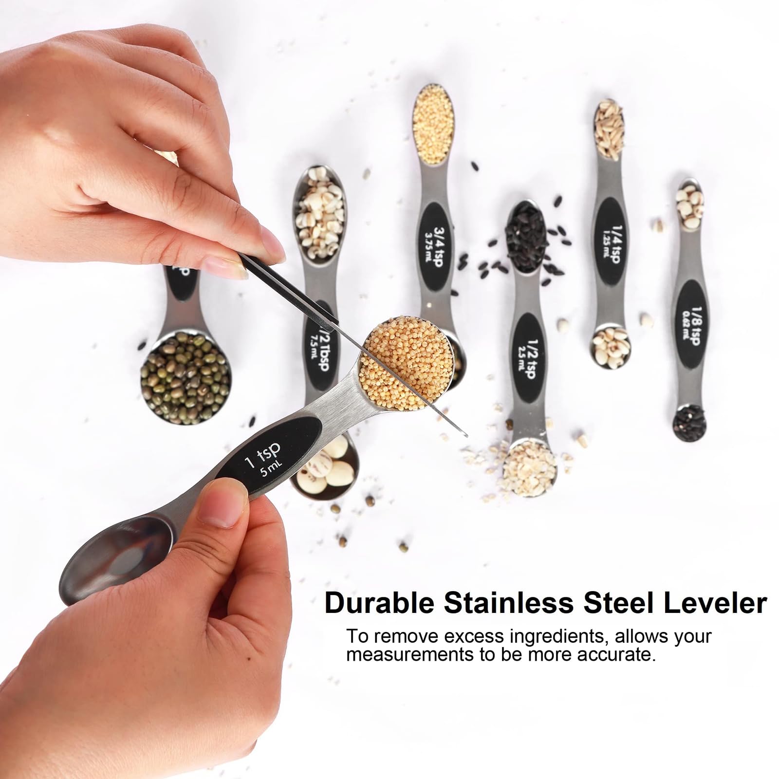 Magnetic Stainless Steel Measuring Spoons Set with Leveler & Stackable Design